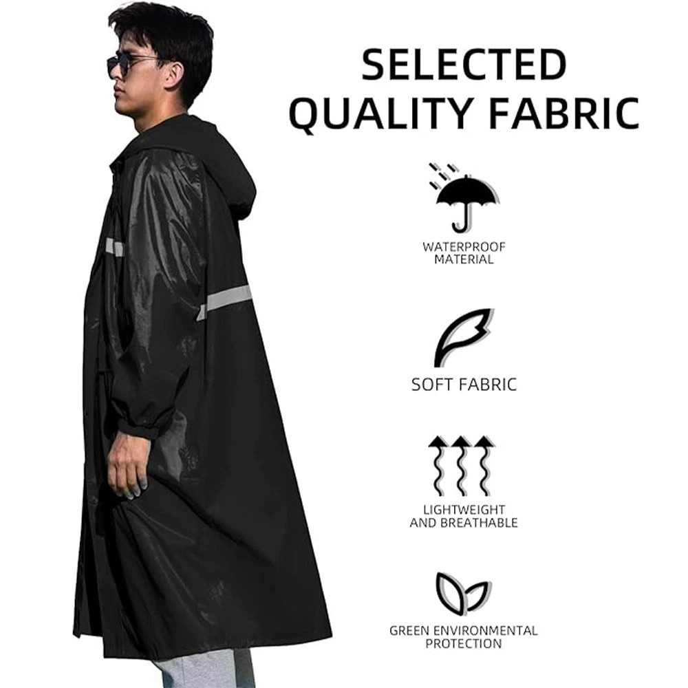 Men Black Waterproof Long Raincoat Hooded Trench Jacket Outdoor Hiking Rain Coat