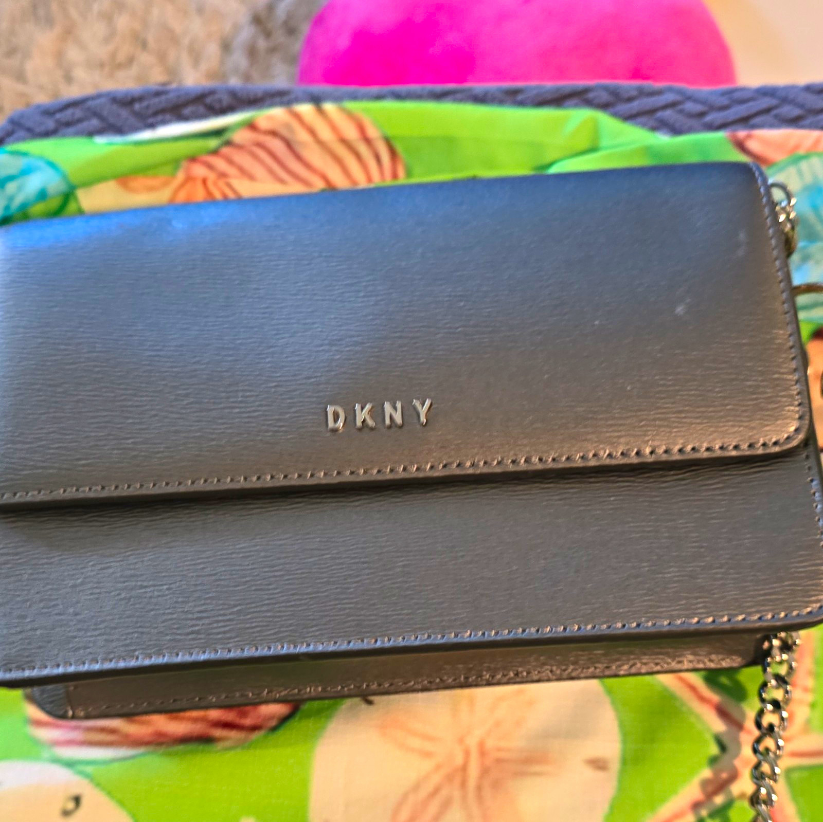 DKNY Black Solid Crossbody Bag Chain Strap Logo Charm Silver Hardware