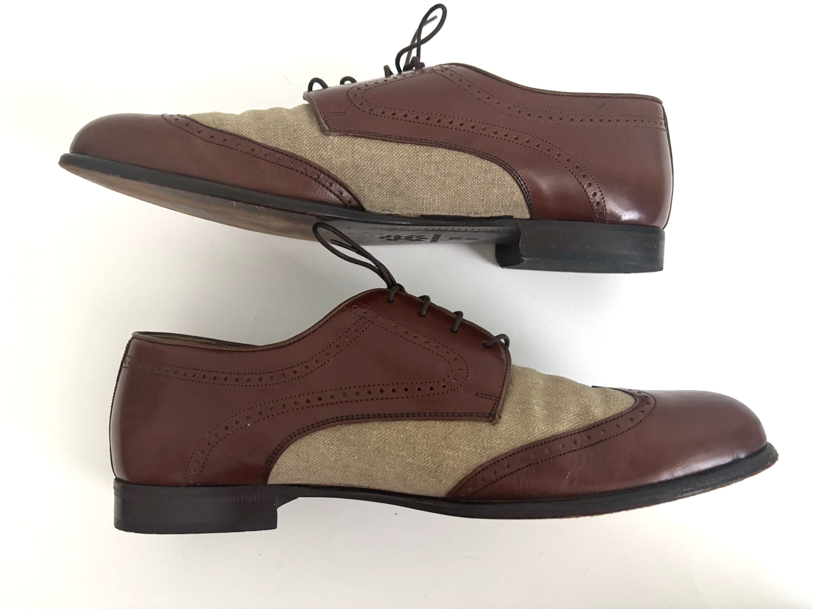 Bostonian Florentine Shoes Size 10 Brown Leather Linen Spectator Wingtip Italy