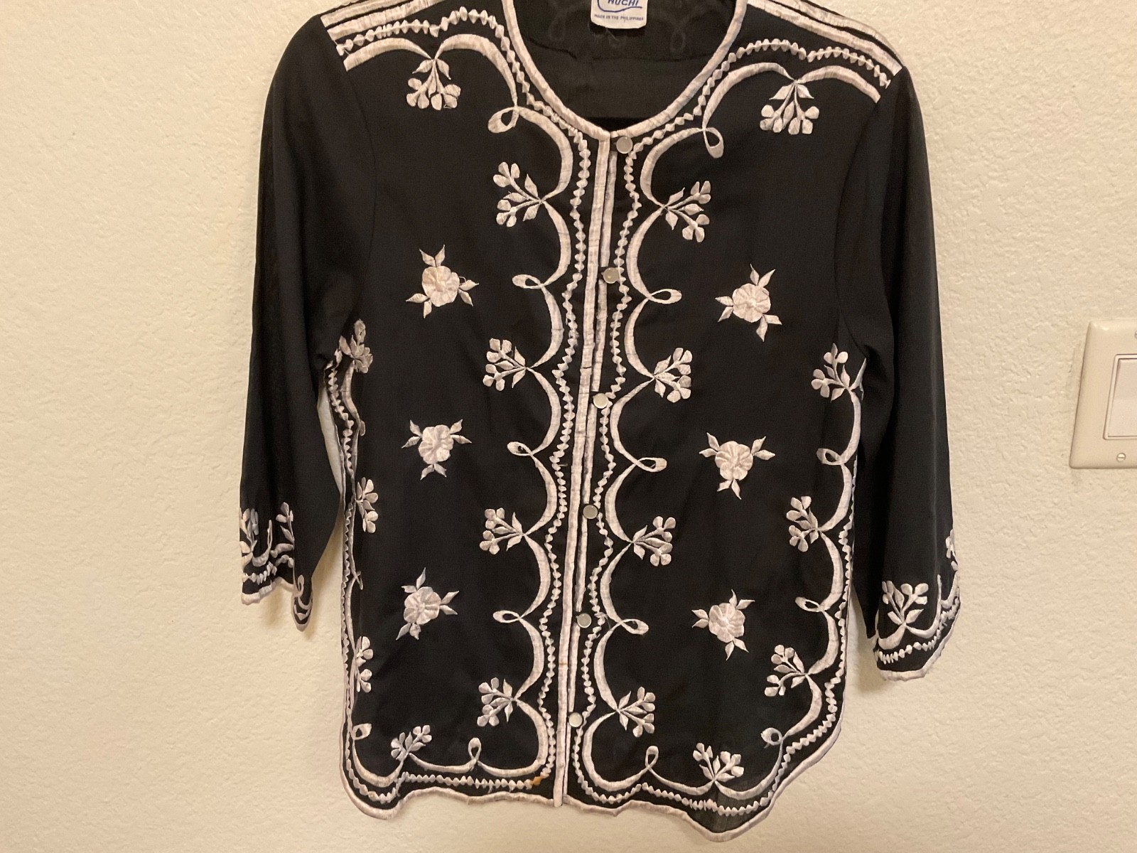 embroidered navy and white cotton/poly blend