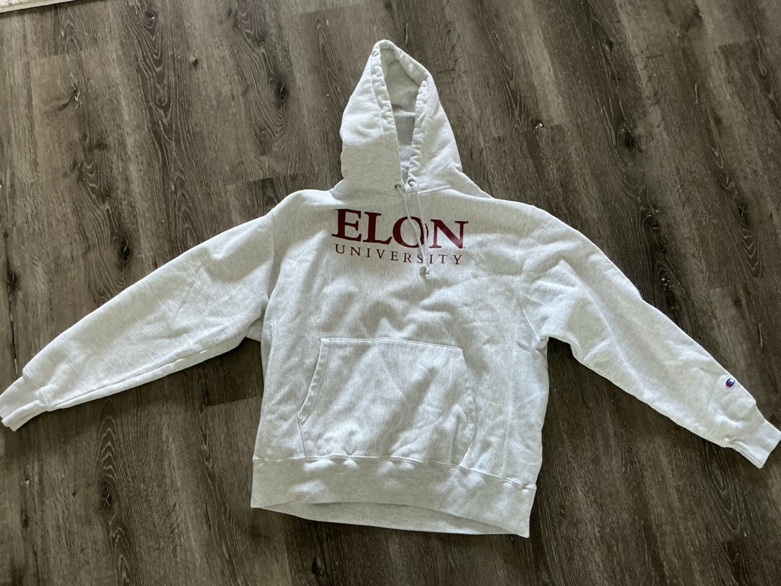 Champion Reverse Weave Gray College Hoodie Size L, Heavy Weight, Elon College