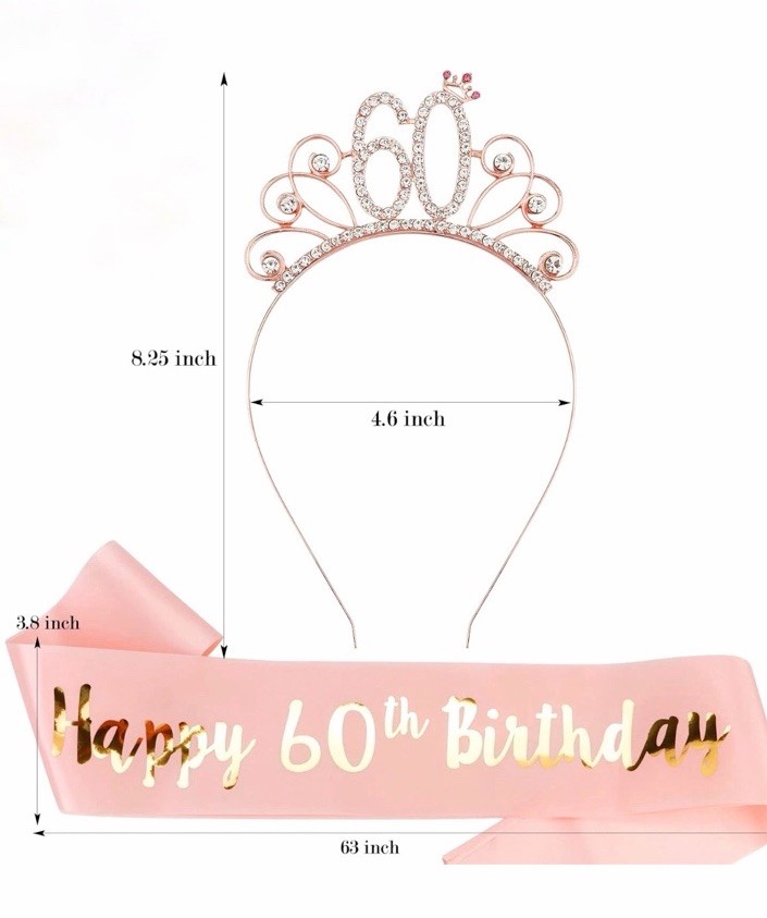 Rose Gold 60th Headband & Happy 60th Birthday Sash. In Package