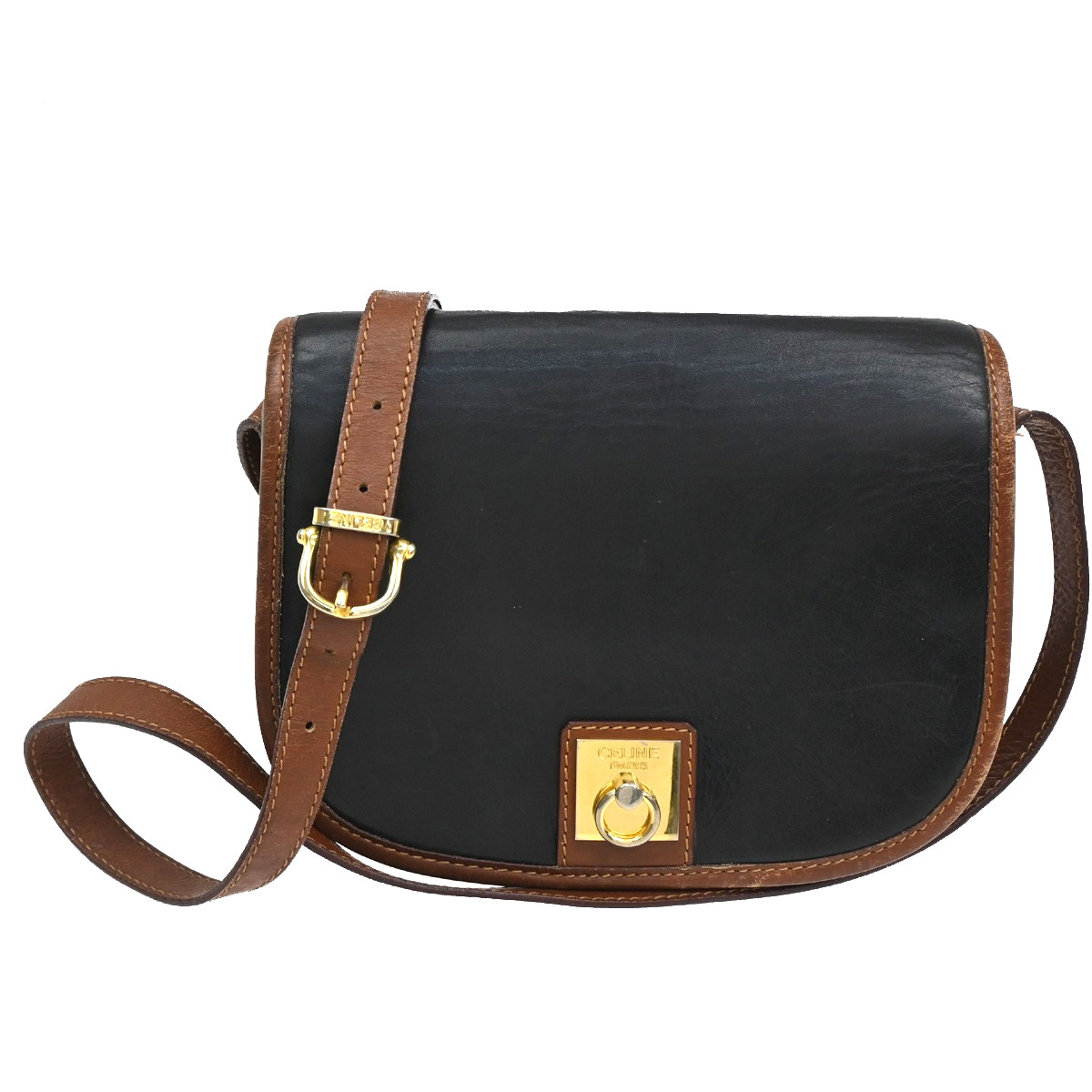 CELINE Ring Logo Shoulder Bag Leather Black Italy GHW 67CA399