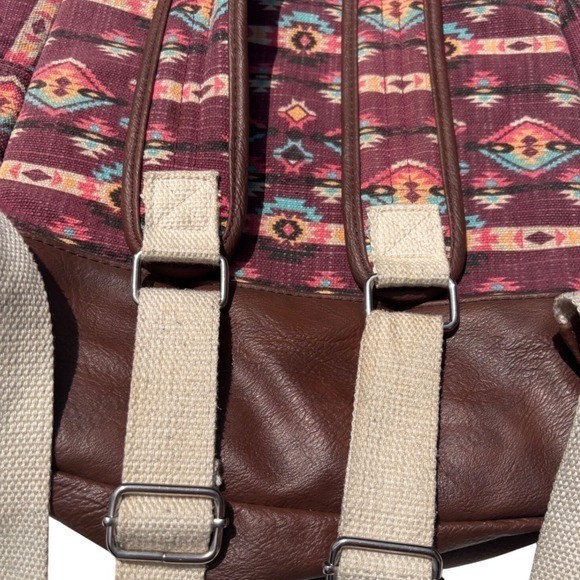 Southwestern Canvas Backpack Burgundy Brown Boho Multiple Pockets Medium