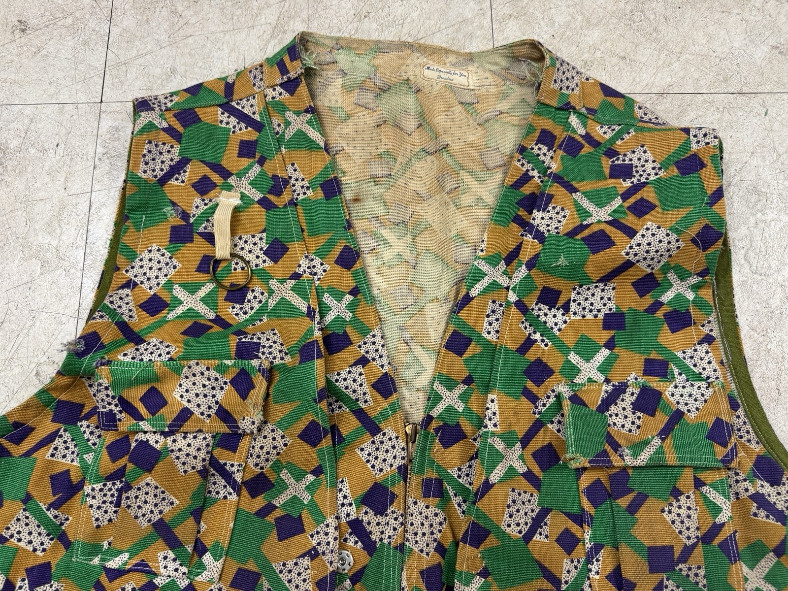Homemade Hunting Vest 60s 70s Vtg Custom Pockets All Over Print Outdoor XXL