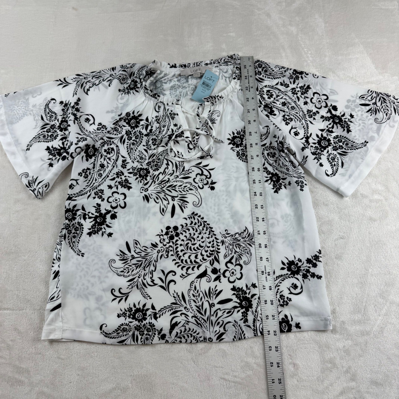 Loft Mixed Media Tie Blouse Women XXS Petite White Black Tie Neck Flutter Sleeve