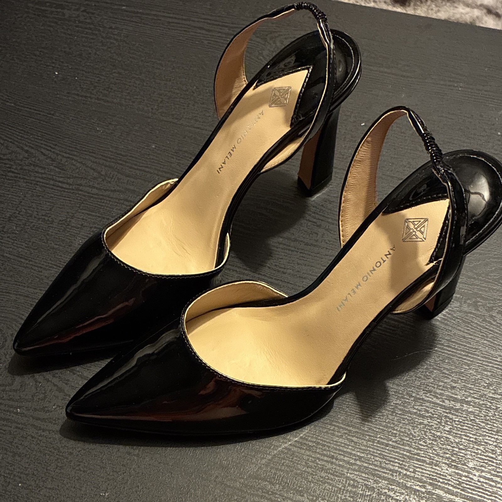 Antonio Melani Black Patent Leather Slingback Block Heel Pumps Pointed Toe US 8