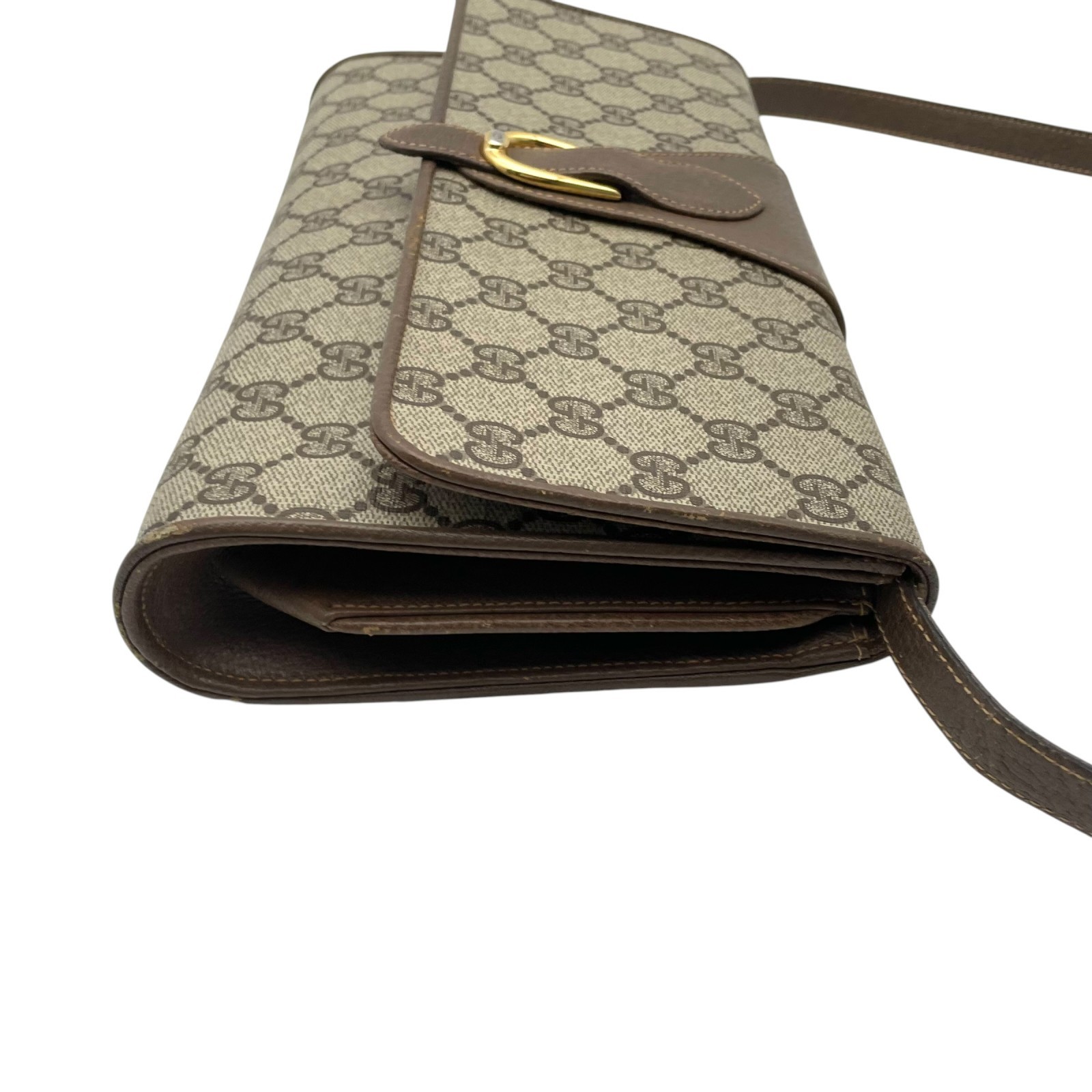 Authentic GUCCI GG Plus PVC Leather Shoulder Bag Messenger Grey Brown Gold