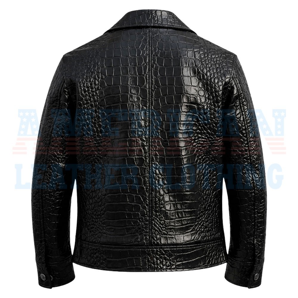 Mens Black Crocodile Embossed Leather Jacket Genuine Leather Zip Up Casual Coat