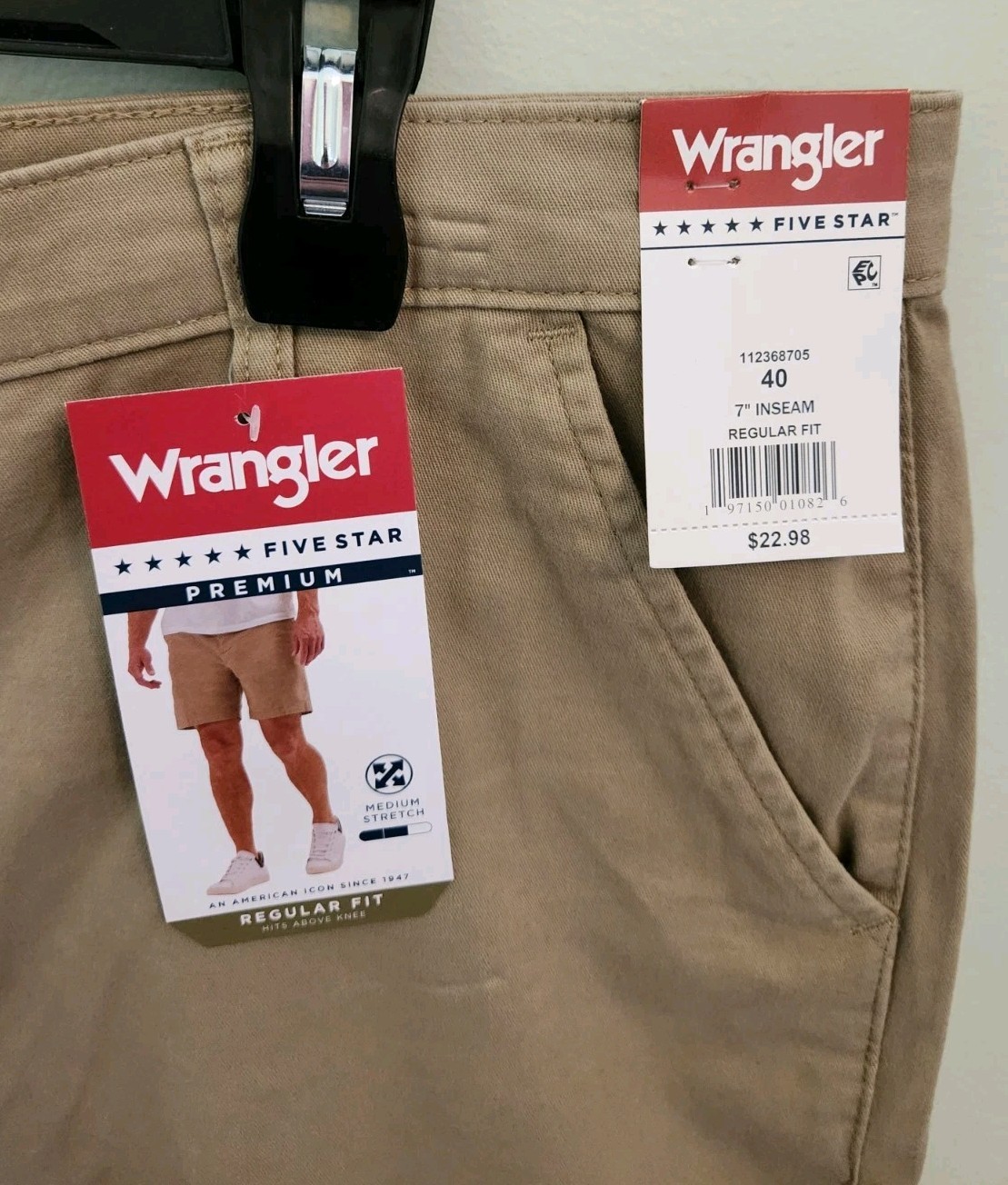 Wrangler Men’s 40 Regular Fit Flat Front Shorts KHAKI Above Knee 7″ #10725