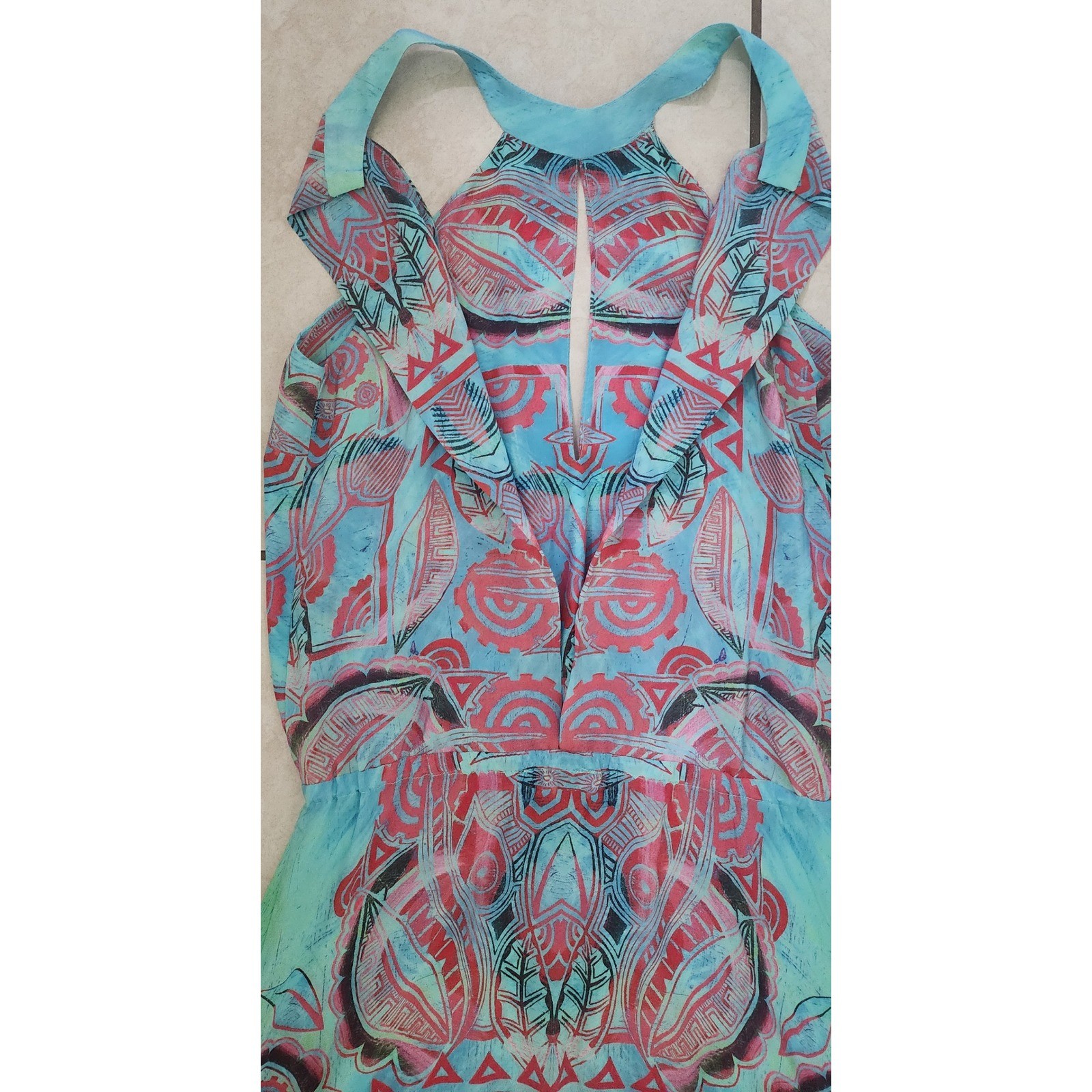 Tribal Print Halter Maxi Dress Turquoise Coral Geometric Keyhole Back Floor