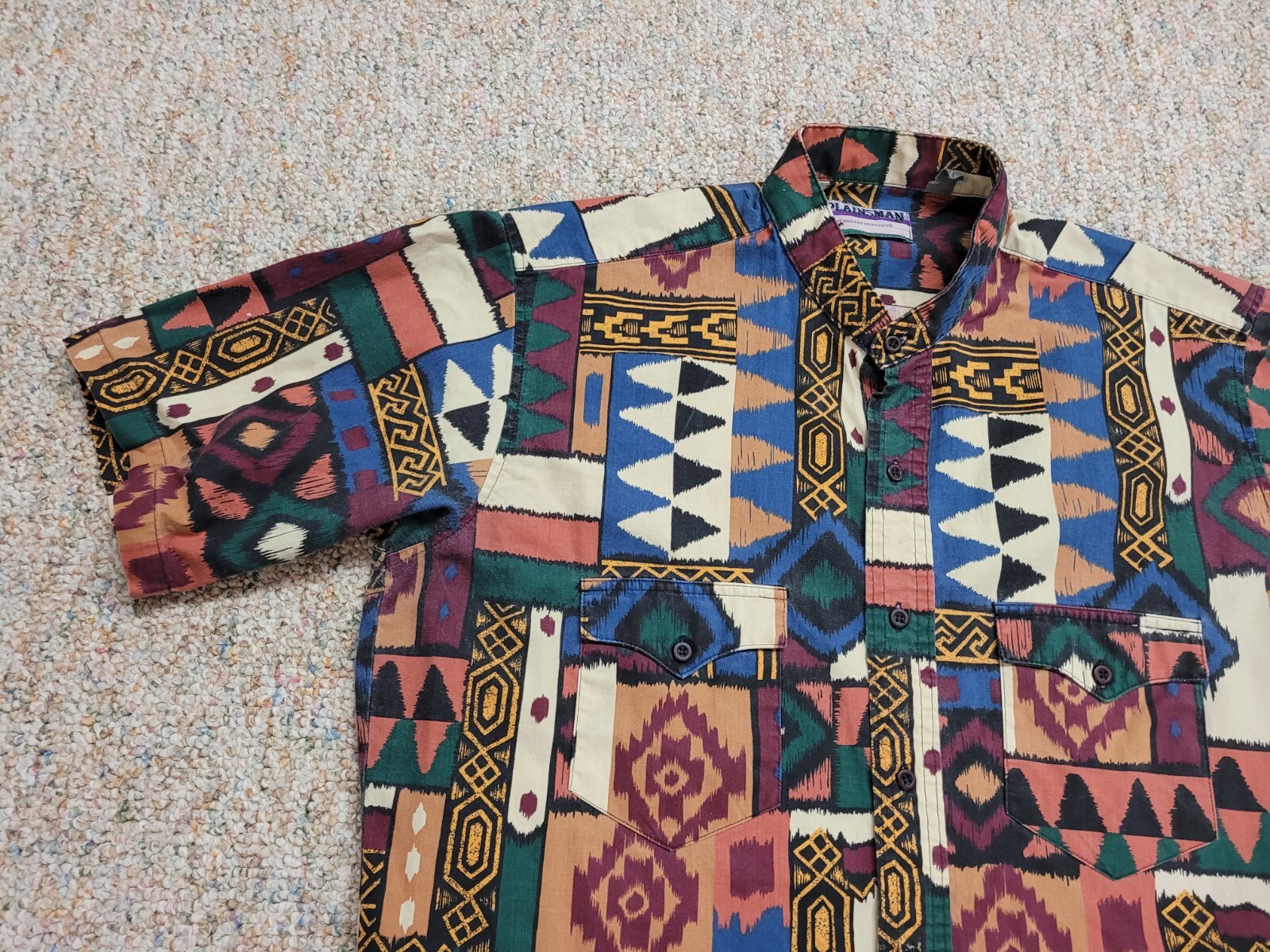 Plainsman Aztec Western Shirt Men Large Multicolor Tribal Geometric Short Sleeve