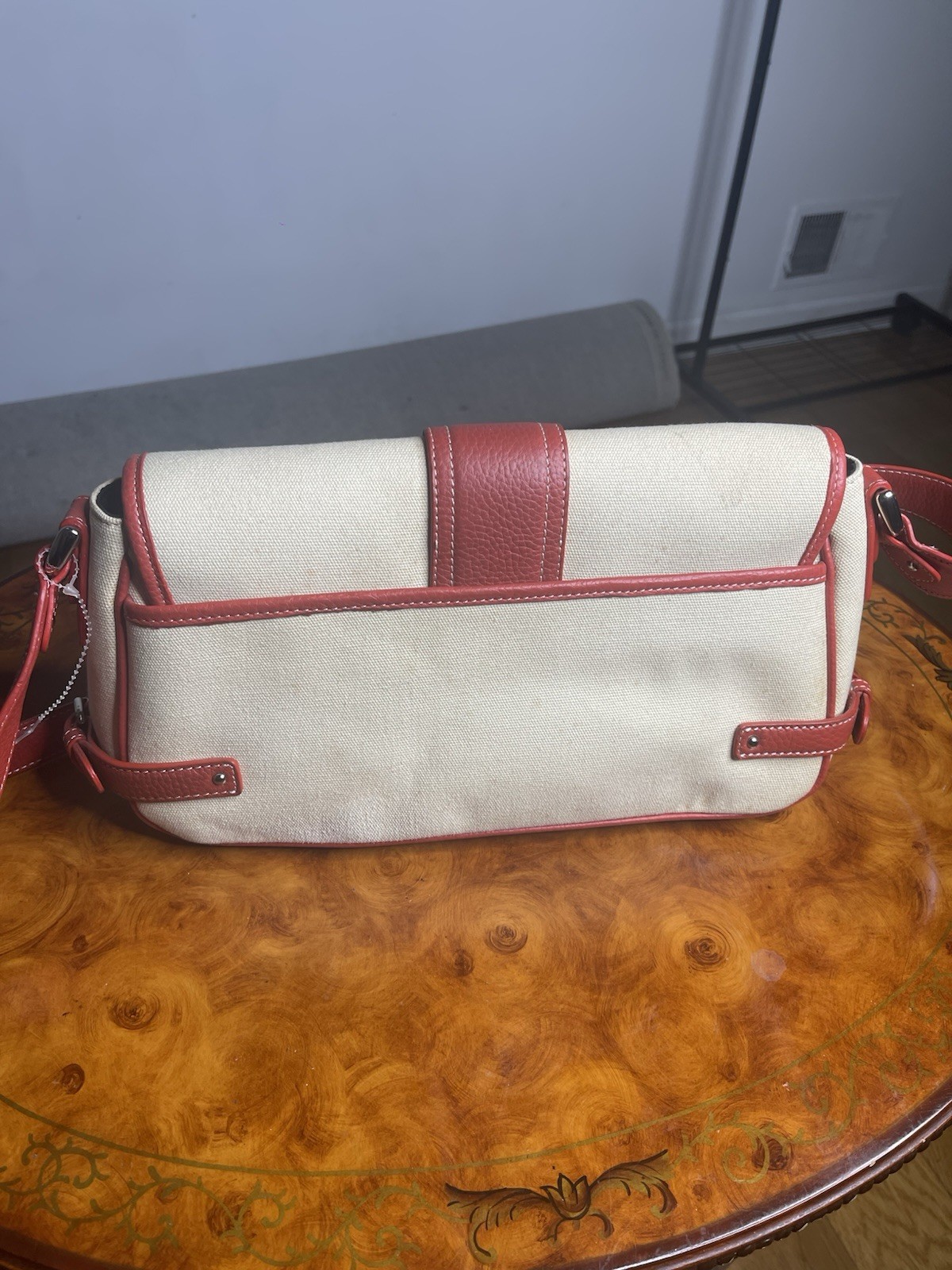 Tignanello Beige & Red Shoulder Bag, Buckle Accent, Magnetic Zip Closure