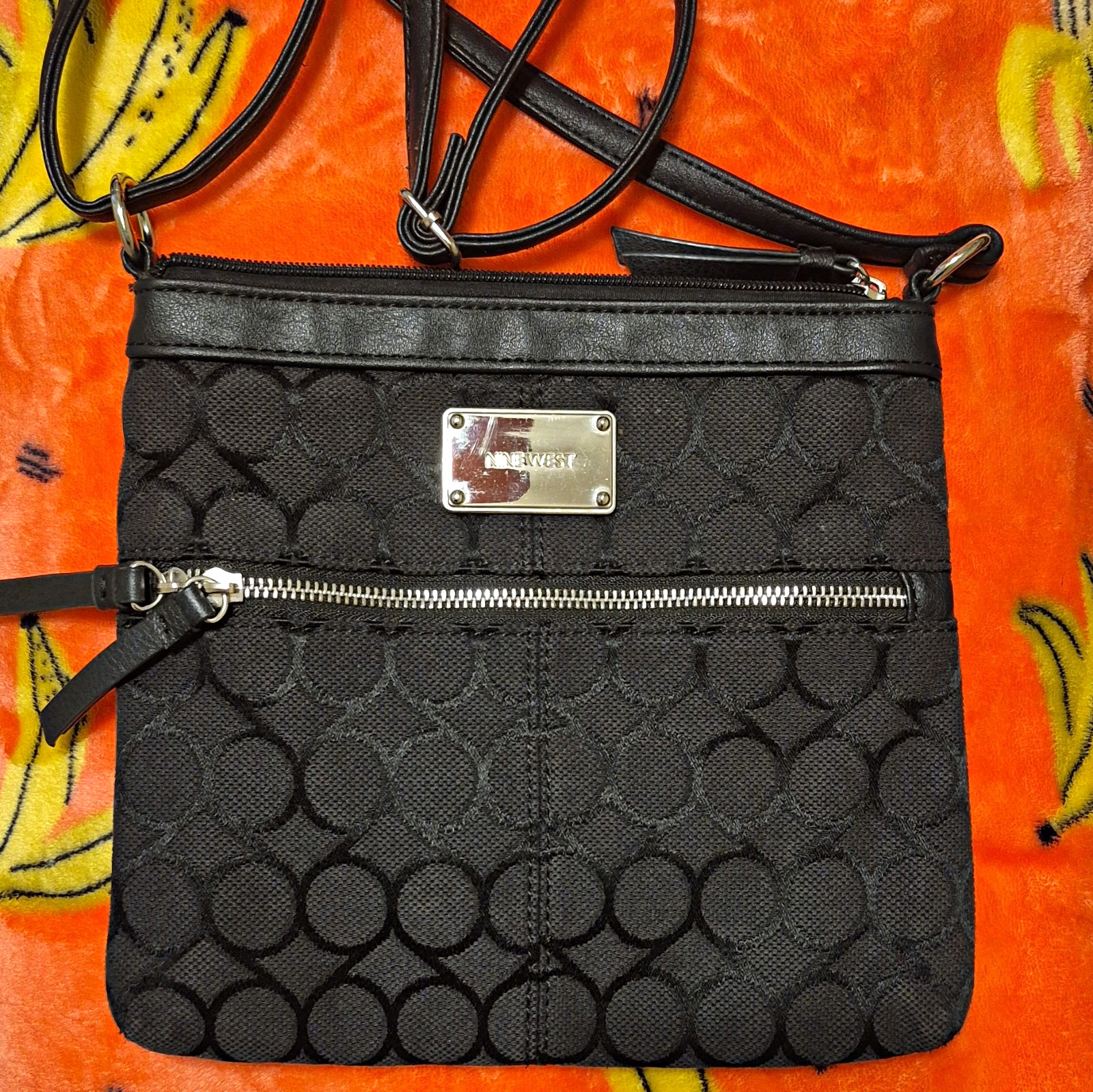 Nine West Small Black Logo Crossbody Bag, Silver Hardware, Zip, Detachable Strap