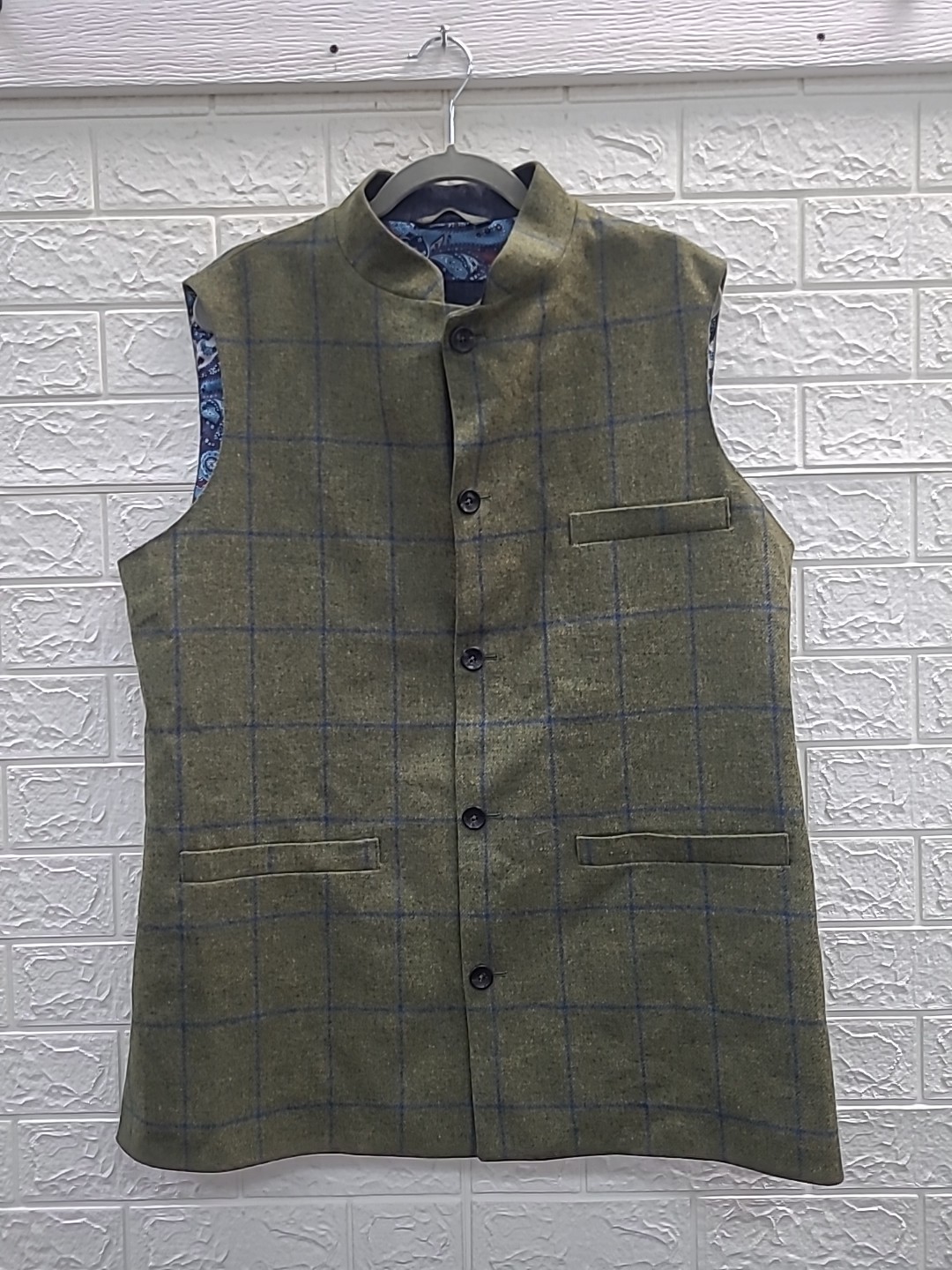 New Joseph Turner Tweed Nehru Gilet Green Check Size (See description)