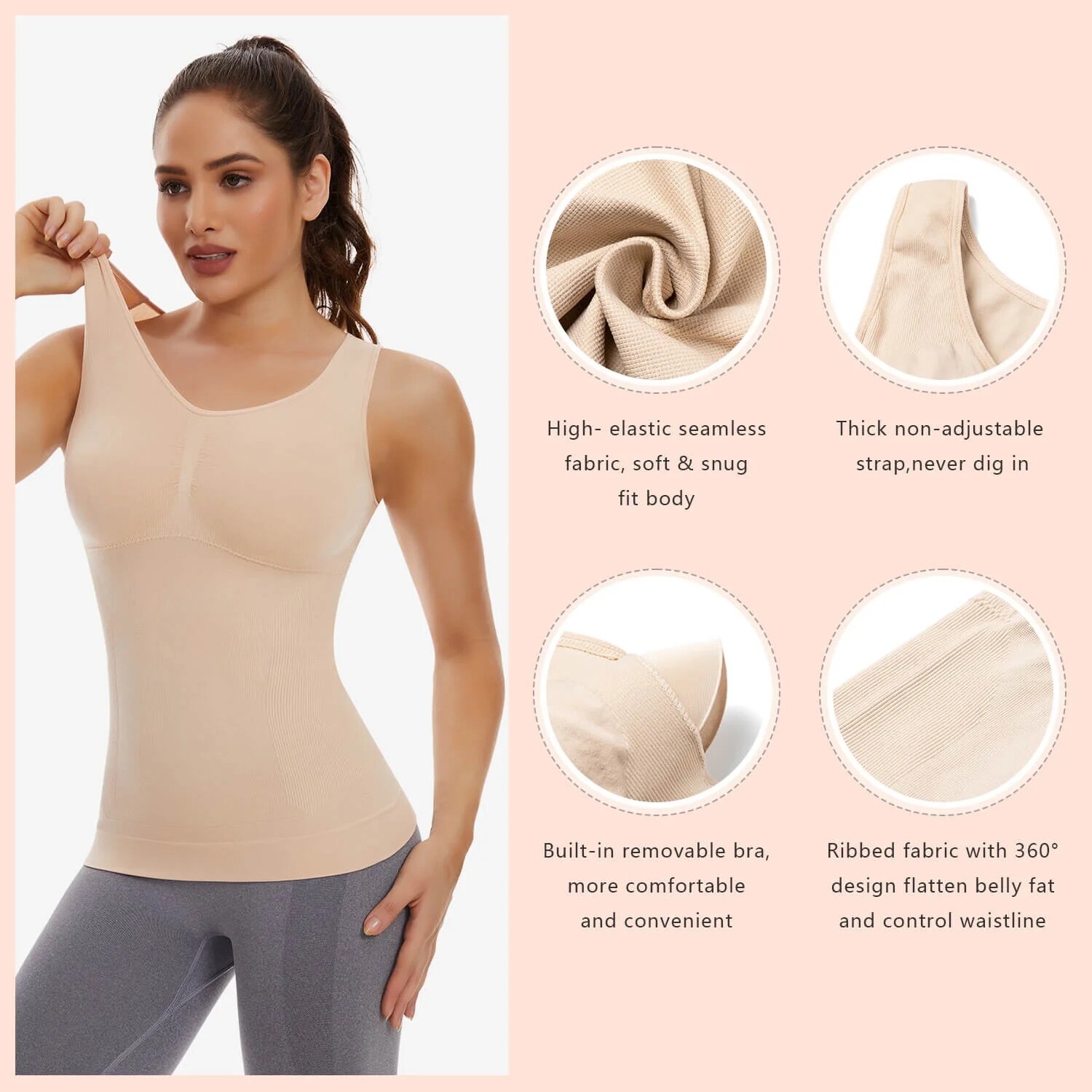 3 Pack Slimming Tank Tops with Built in Bra Women Cami Compression Body Shaper