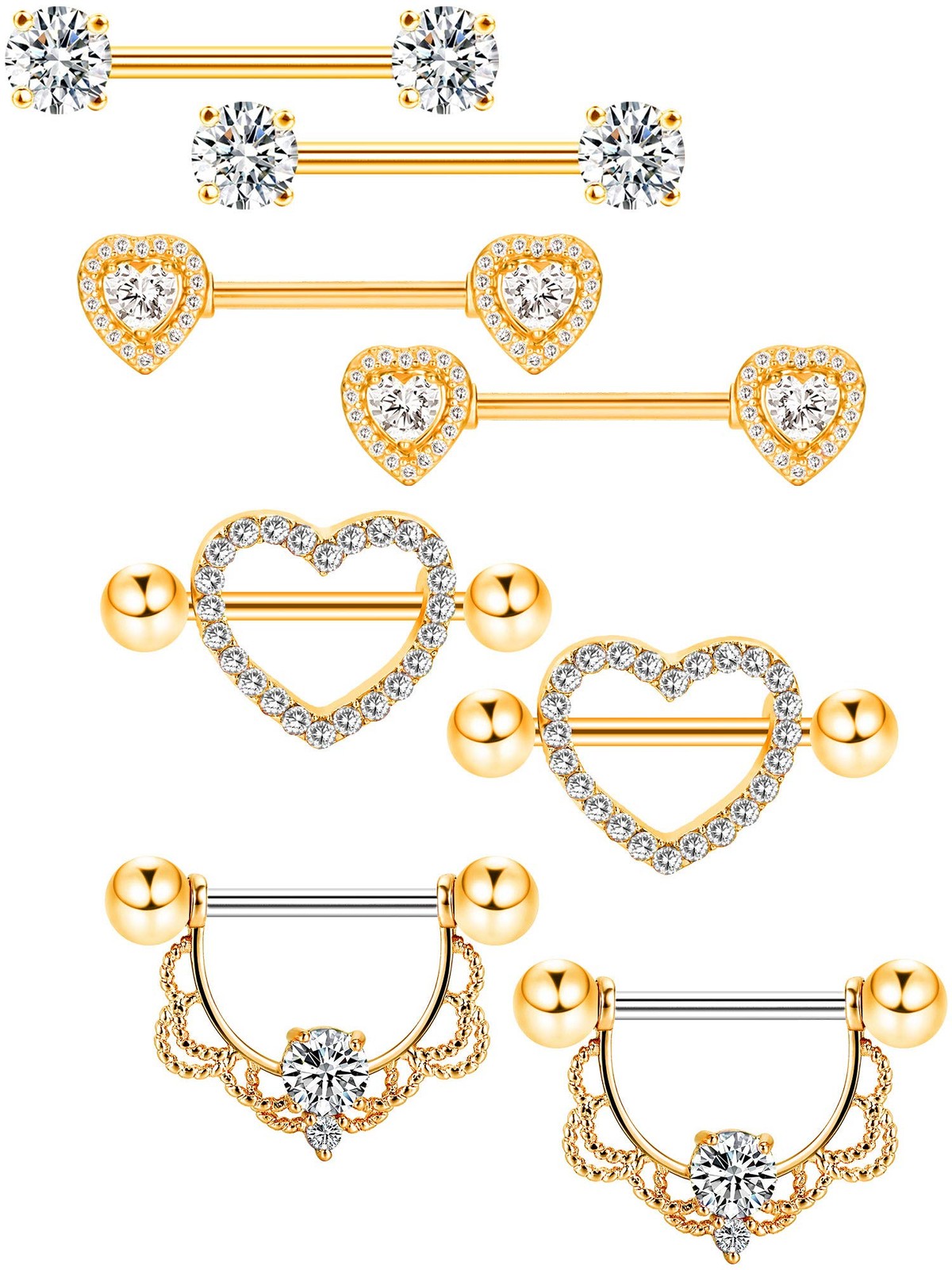 Tatuo 4 Pairs 1.6 cm/ 0.6 inch, mm/ 14 G, Gold Bar and White Zirconia