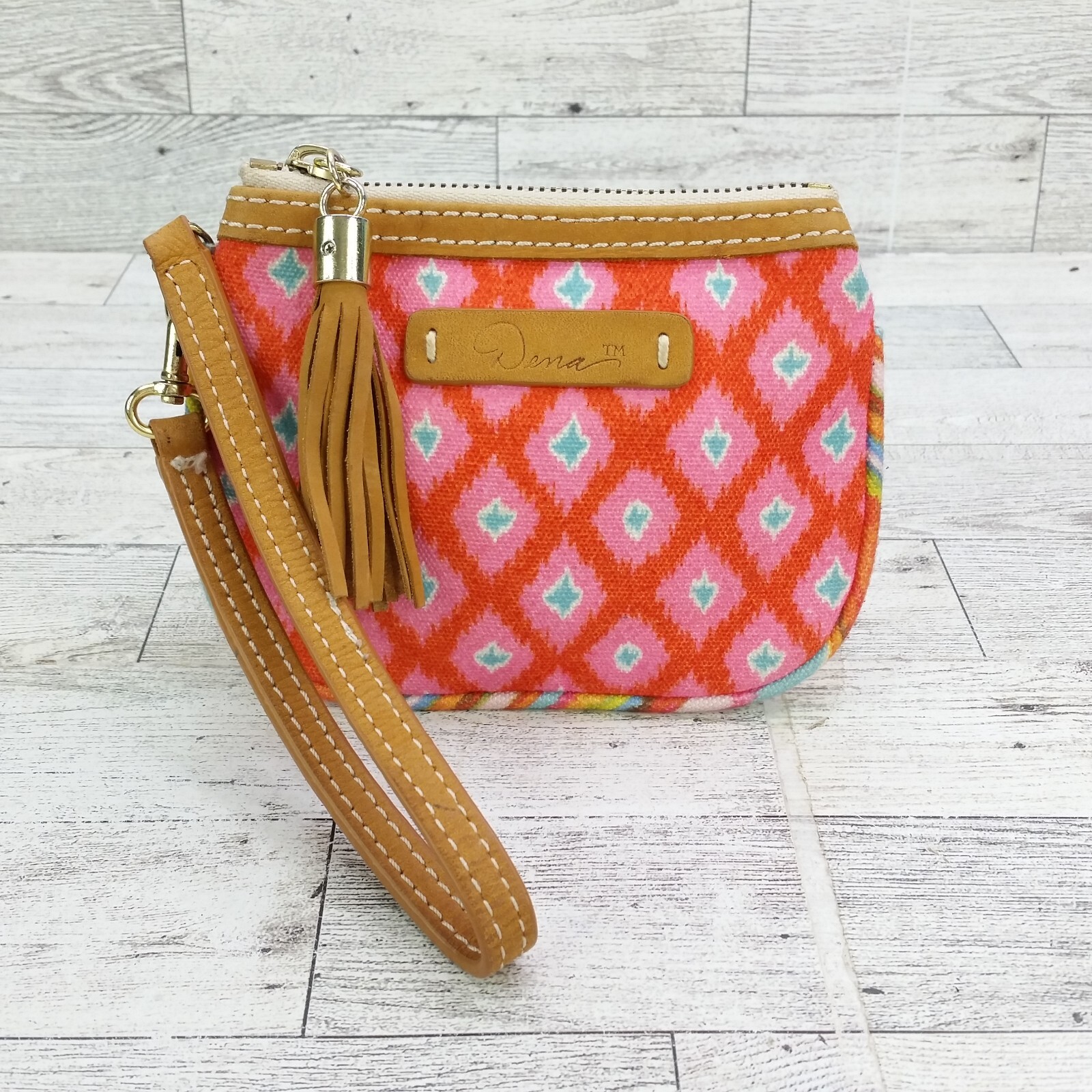 Dena Canvas Chevron Striped Aztec Pink Orange Teal Tassel Pouch Bag Wristlet