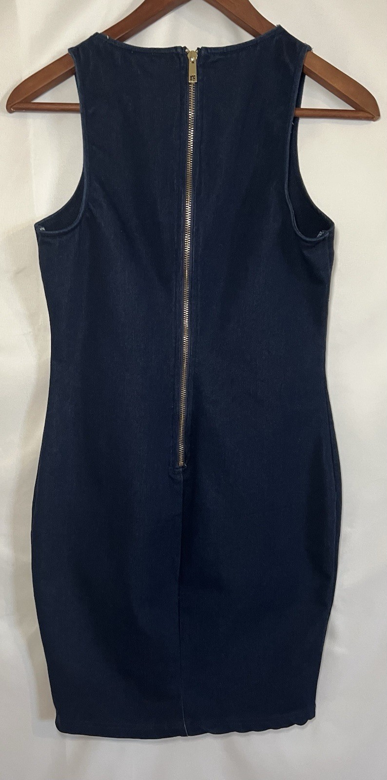 Blue Denim Solid Scoop Neck Sleeveless Bodycon Dress Lace-Up Grommet Zip S