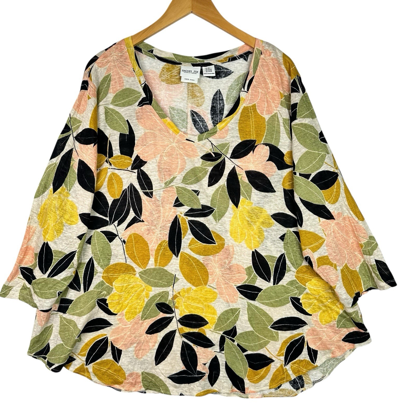 Rachel Zoe 100% Linen Floral Blouse Women’s 3X Plus Oversized Top 3/4 Sleeve