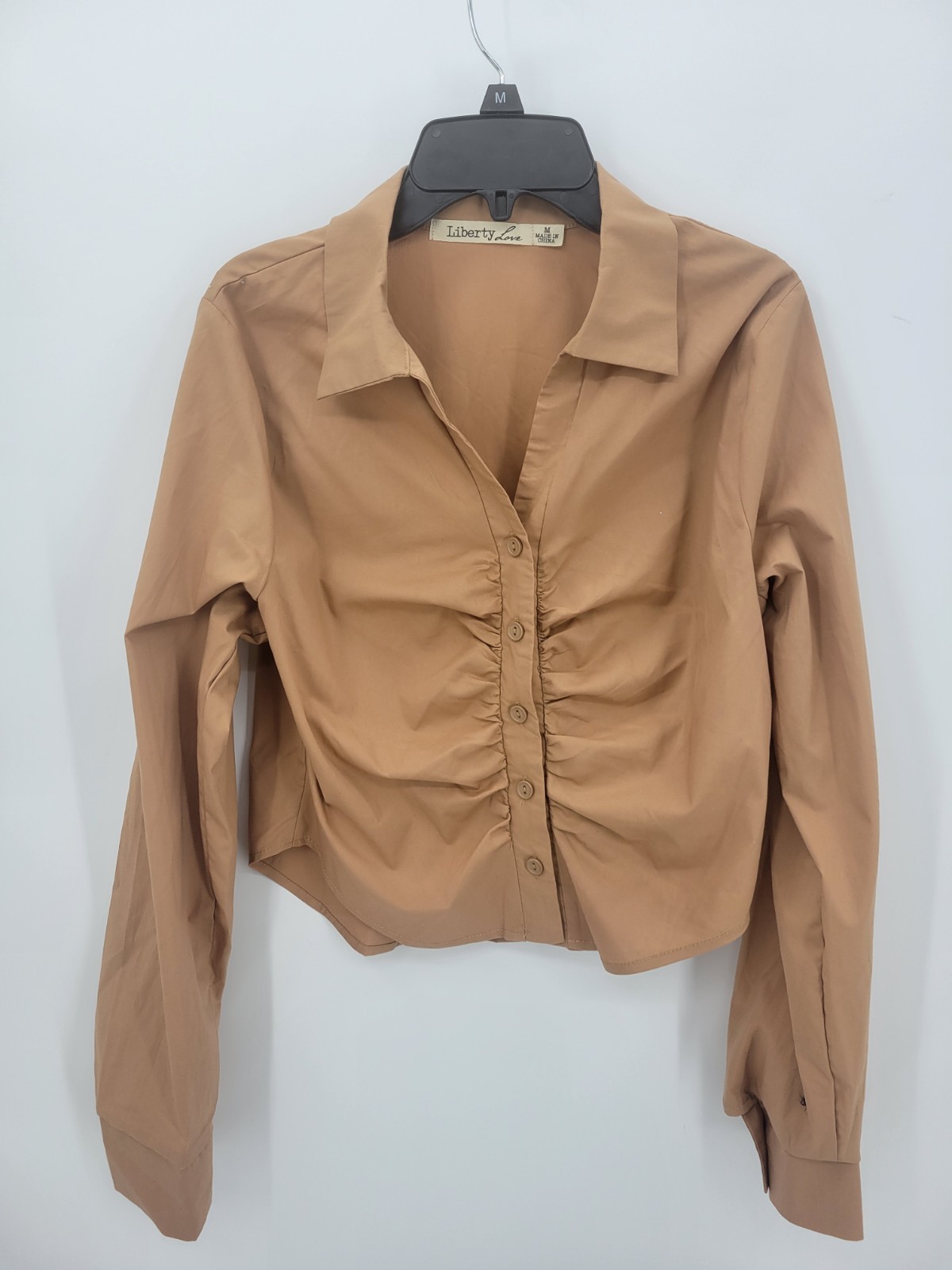 Liberty Love Top Womens Medium Brown Cropped Ruched Button Up Boho Long Sleeve