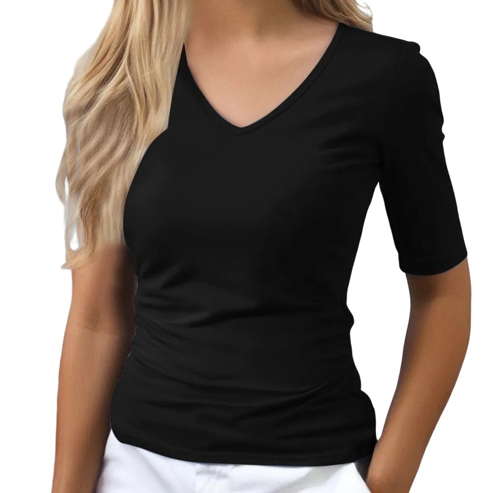 Women Slim-Fit Solid V-Neck Mid-Sleeve T-Shirt Polyester Spandex Blend