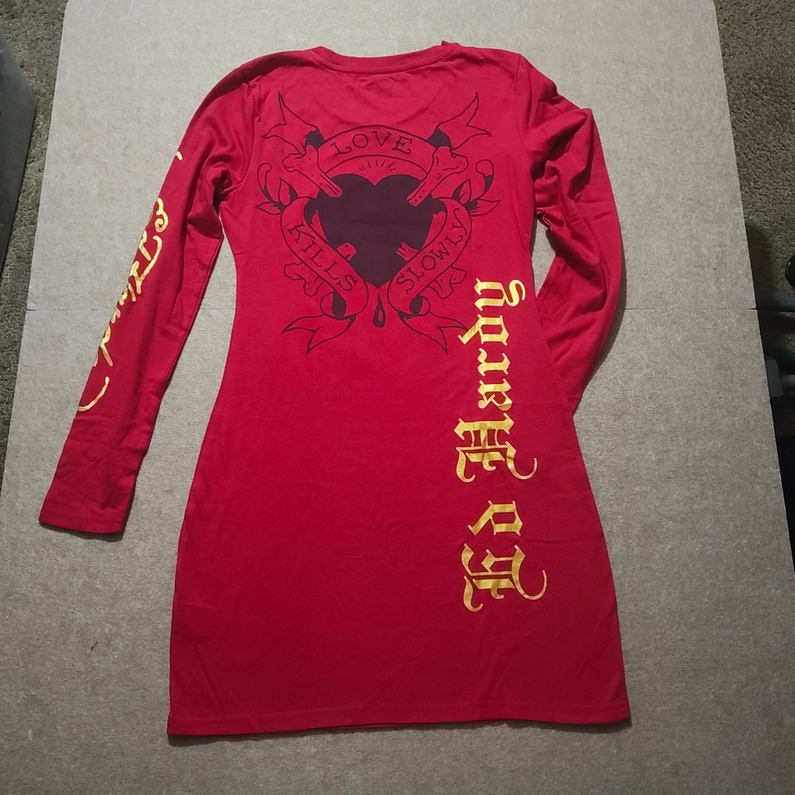 Ed Hardy Red Long Sleeve Skull Graphic Mini T-Shirt Dress Women L