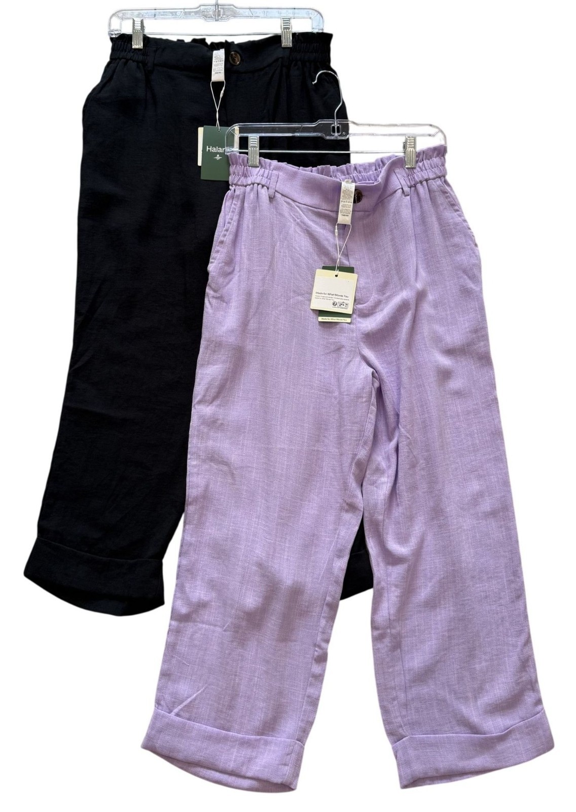 Halara Cropped High Waist Pants Elastic Waist Zip Button M Lavender Black 2 NWT