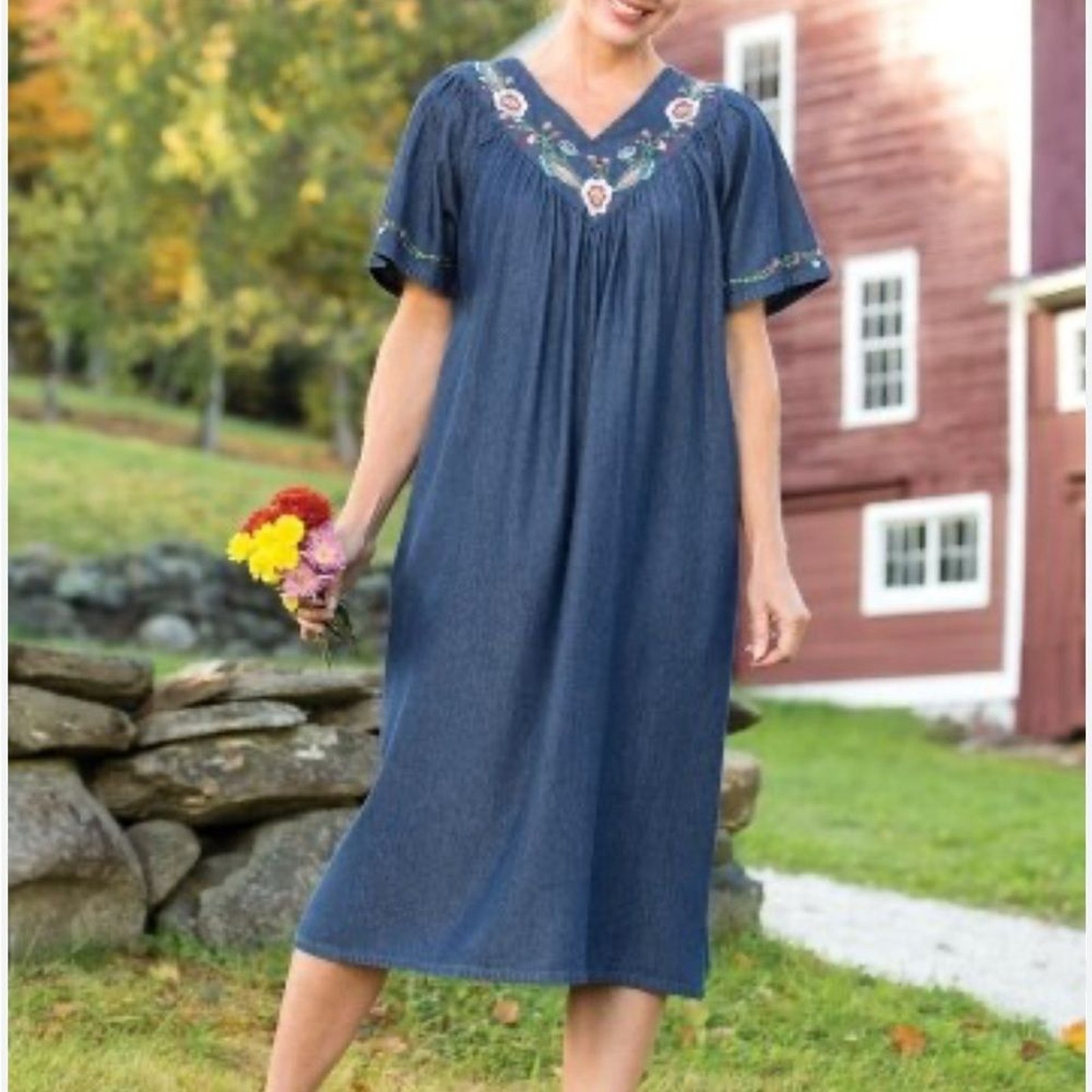 Loungees Midi Boho Chambray Dress Blue Denim Embroidered Floral Cotton Sz Large