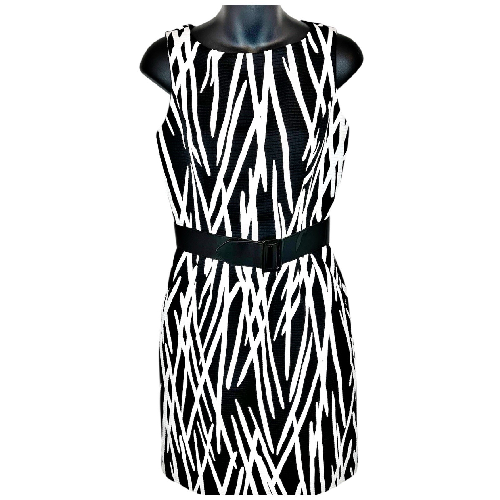 Talbots Sleeveless Sheath Dress 4P 4 Petite Black White Stripes Pockets Summer
