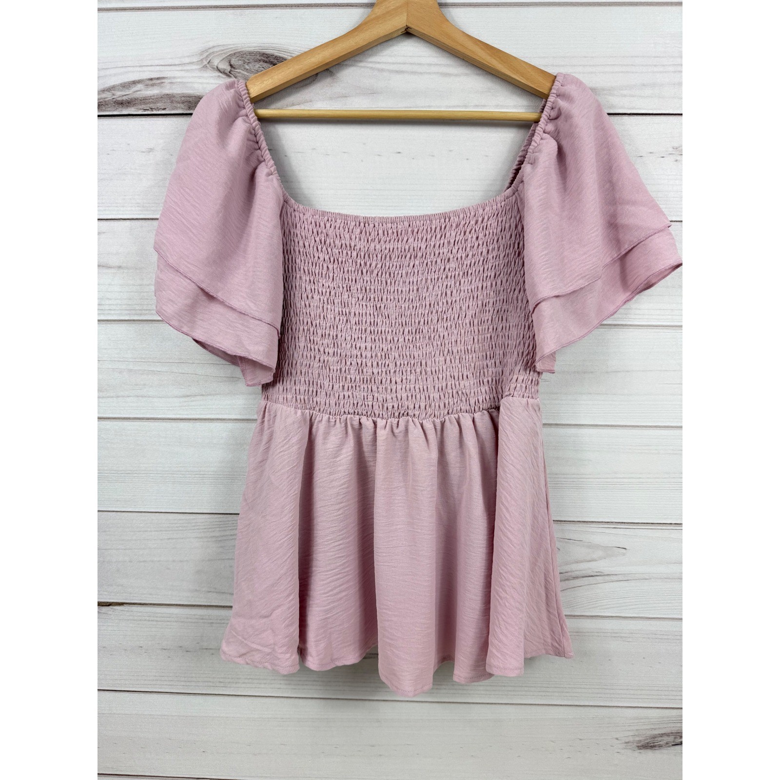 LYANER Smocked Top Ruffle Flutter Sleeve Square Neck Blouse L Womens