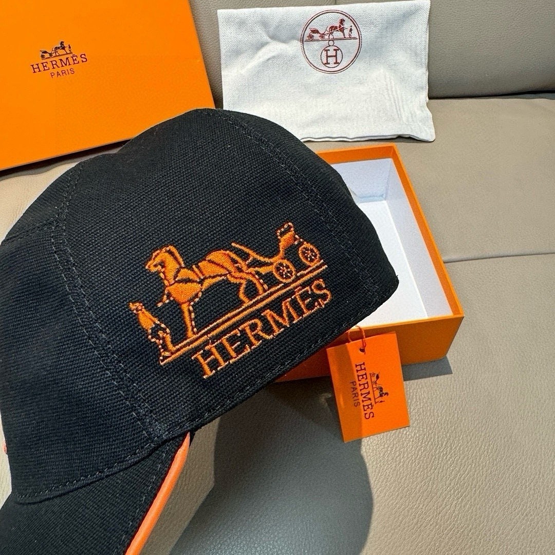 Hermes Men’s Baseball Cap Miles H Circle Black Orange Canvas Hat