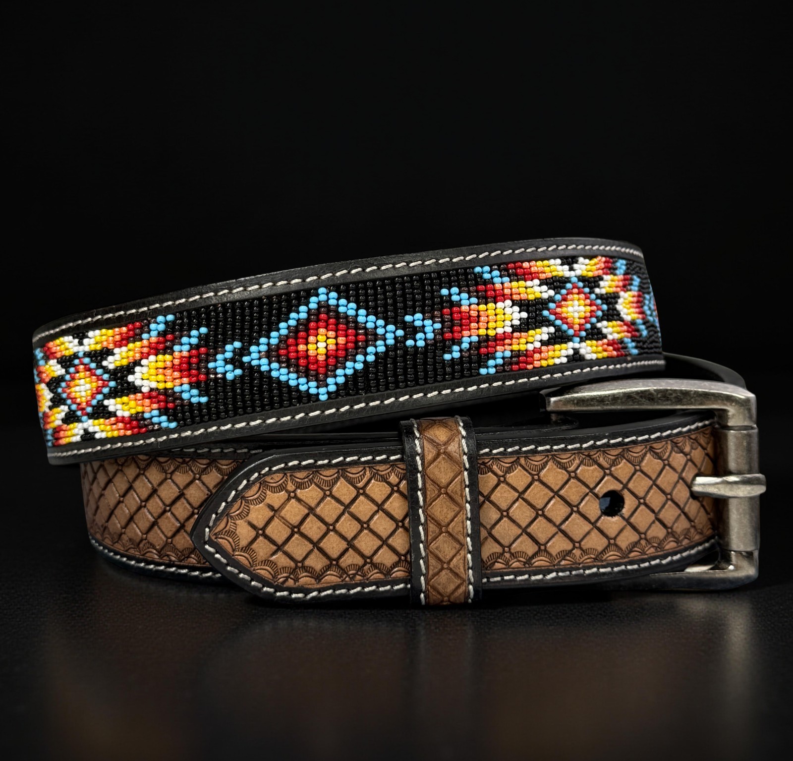 Full Grain Leather Hand Tooled Western Belt Cowboy Rodeo Beaded Removable Buckle