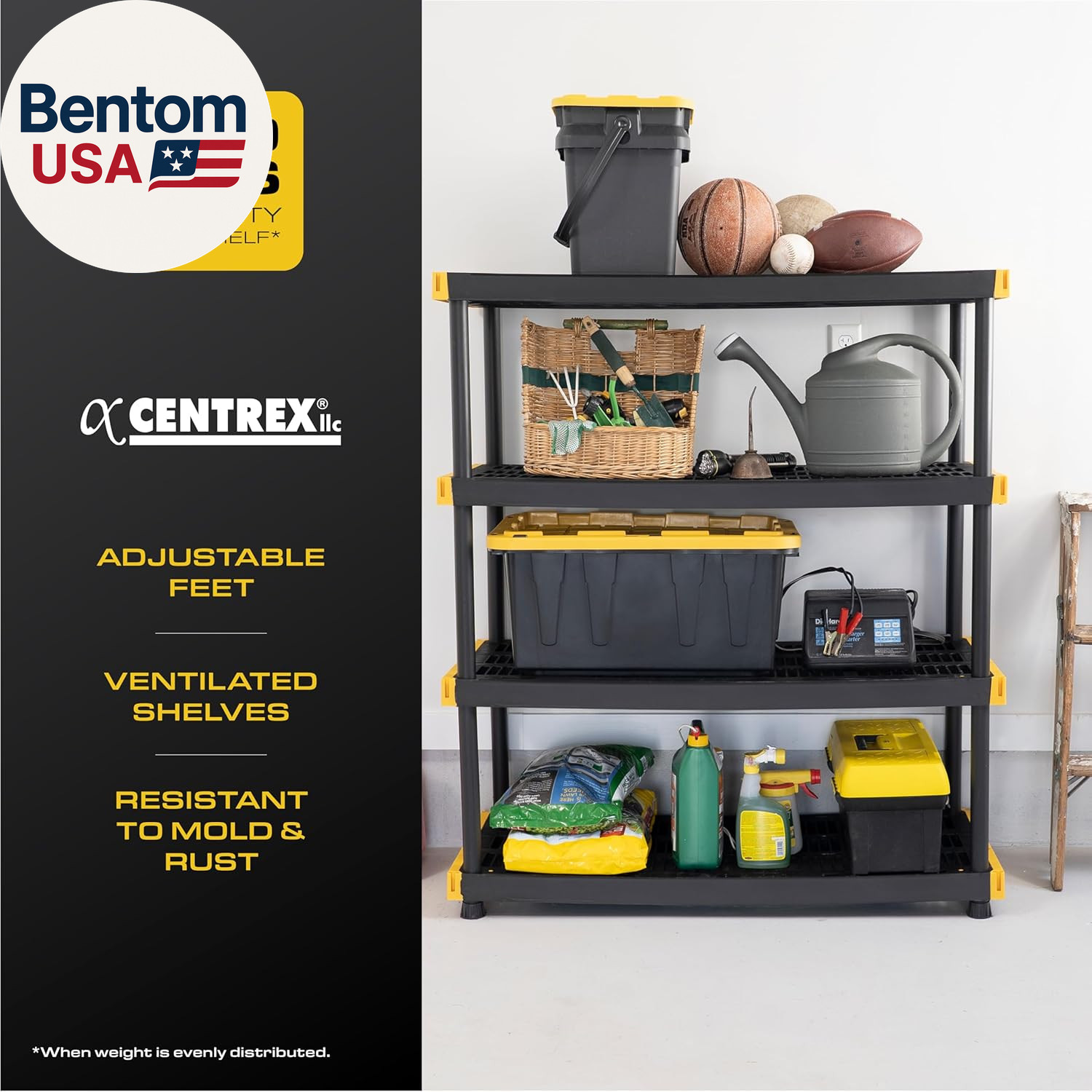 Black & Yellow, 4-Tier Heavy Duty Plastic Storage Shelves That Support up to 200