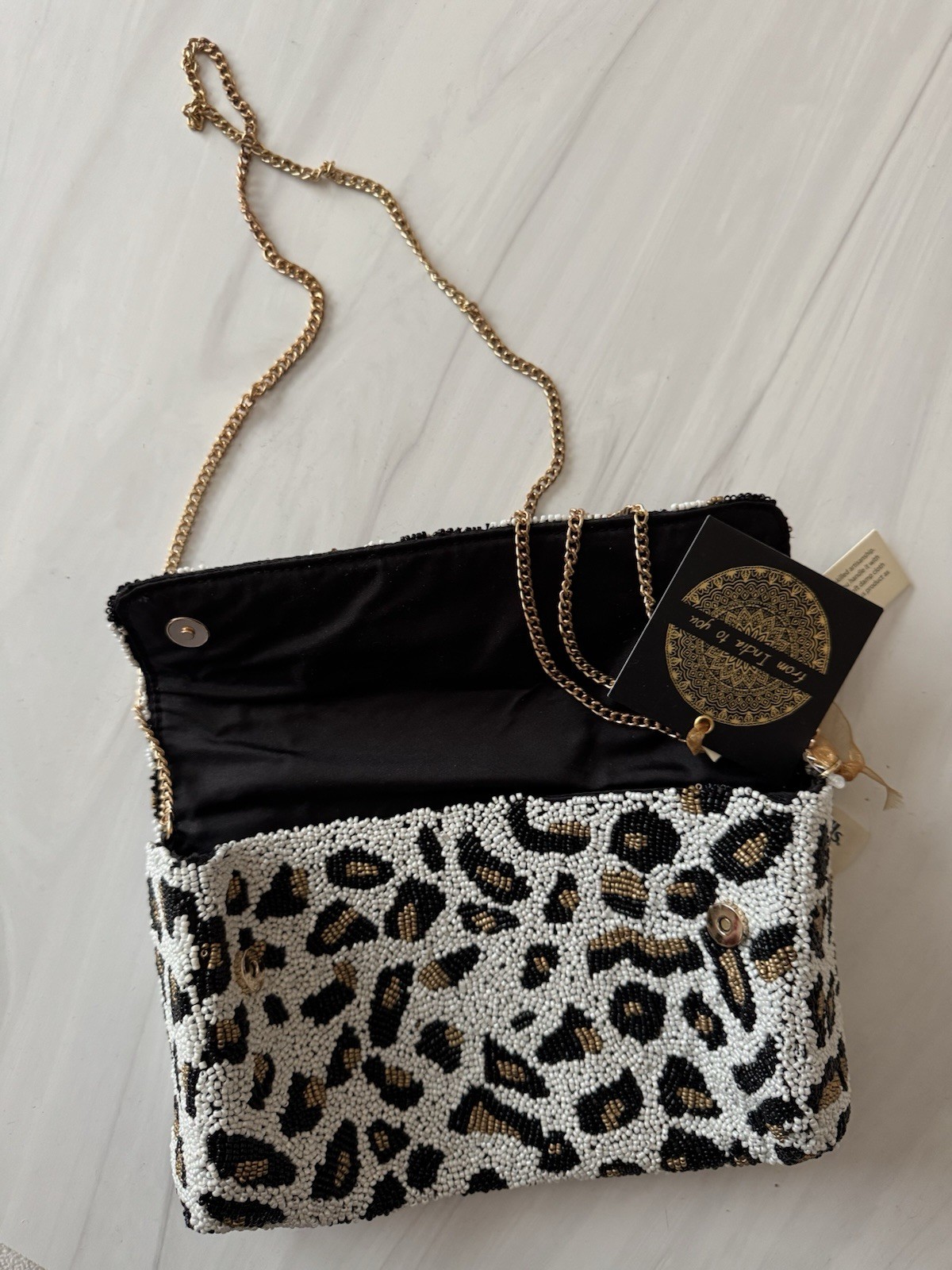 Made in India Beaded Leopard & Bee Design Gold Chain Crossbody Purse Bag Viral