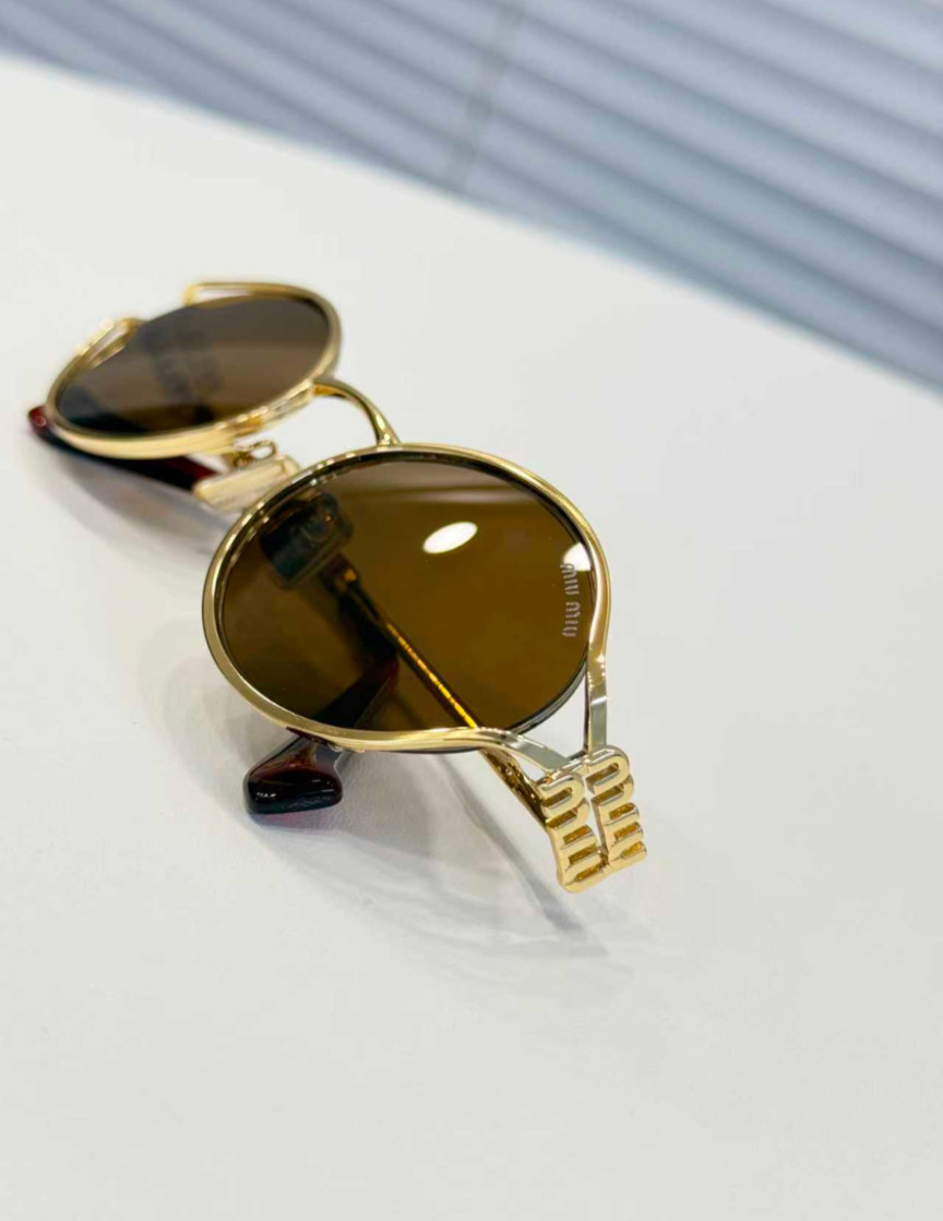 Miu Miu SMU 52YS Brass Gold/Dark Brown Logo Sunglasses 54-21-125mm New
