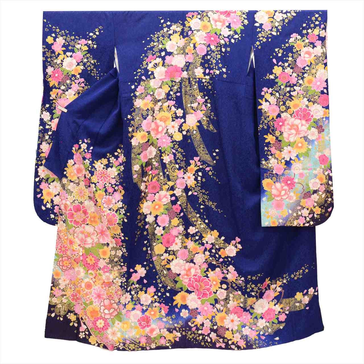 Vintage Kimono Furisode | Navy Silk Floral Gold Thread Foil | Tall LL uu0239b