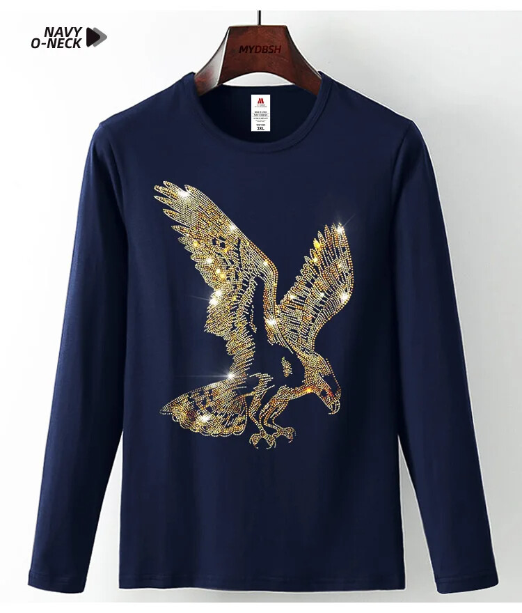 Fashion Trend Eagle Rhinestones Streetwear Long Sleeve Luxury Men V-Neck T-Shirt