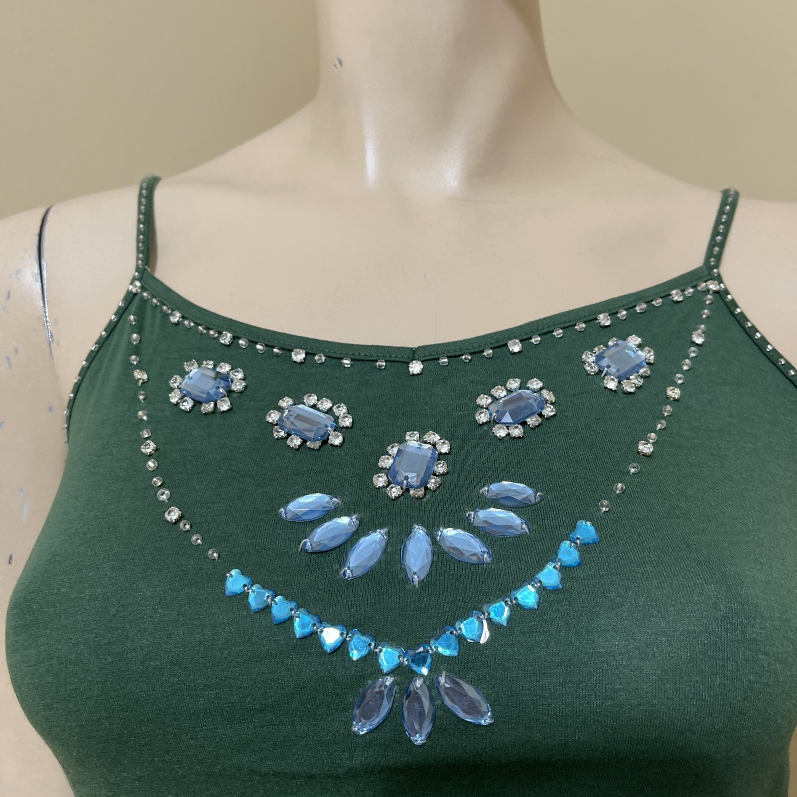 Women’s Green Polyurethane Casual Summer Stretch Slim Beaded Size S Blouse Top