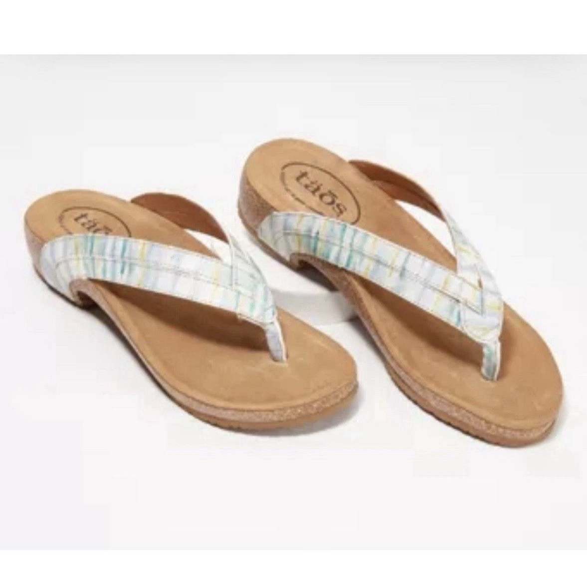 TAOS LINK BLUE/MULTI LEATHER SUPPORT CORK WEDGE SLIP-ON SANDALS NEW Sz6-6.5 EU37