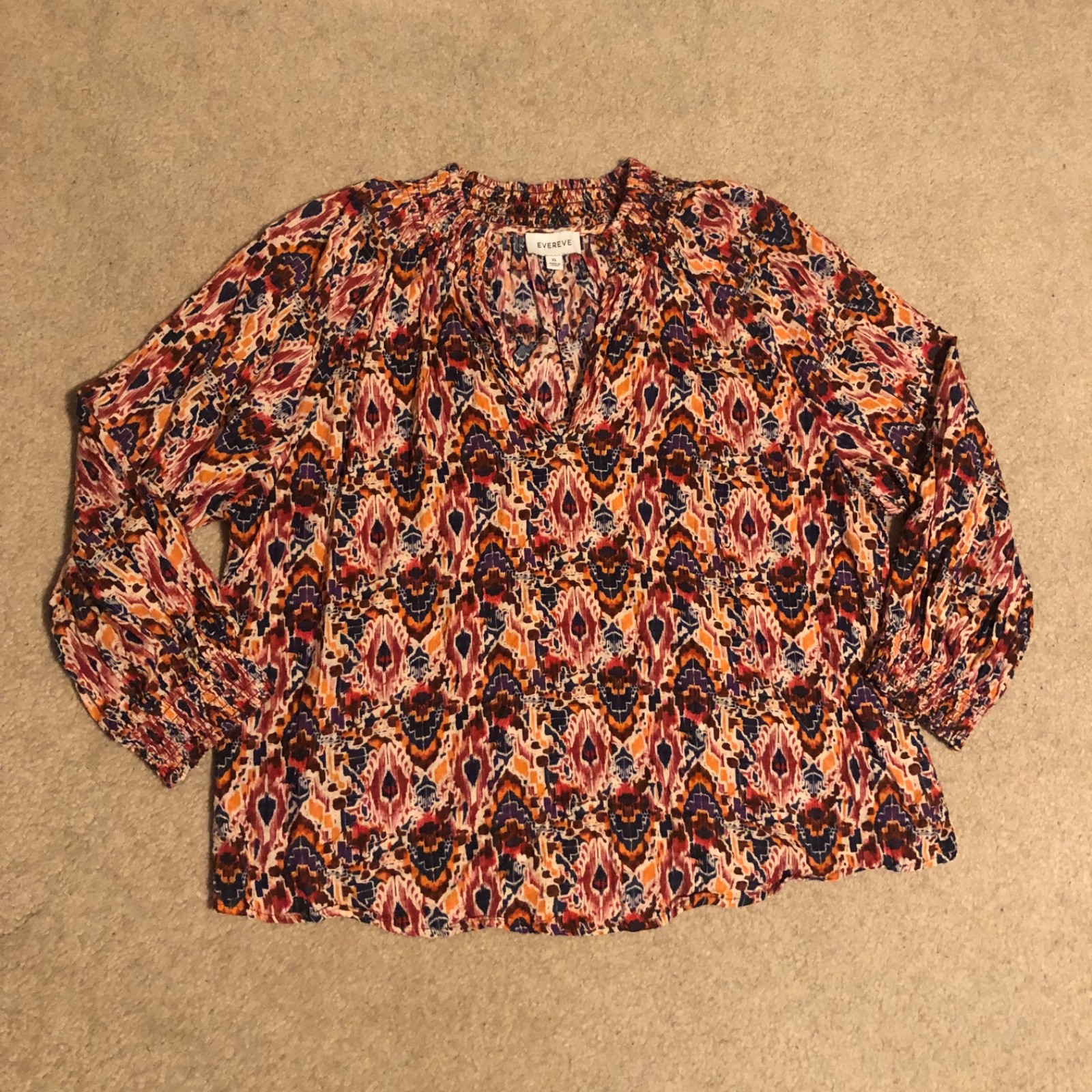 Evereve Multicolor Abstract Ikat Print Blouse Women’s Size XL Art Boho Retro 70s