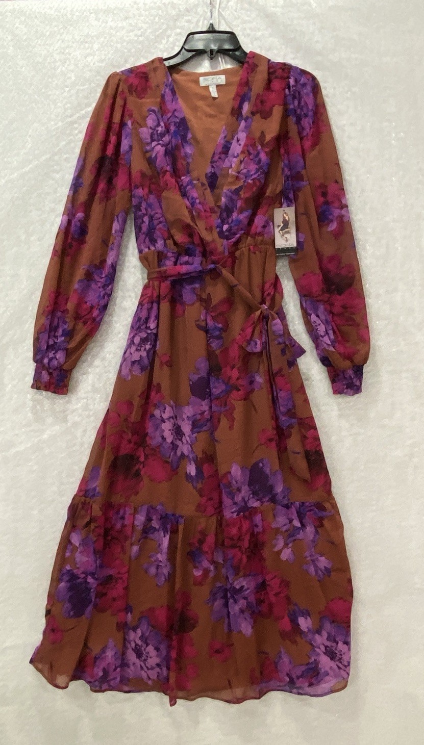 Sofia by Sophia Vergara Floral Dress Small Midi Chiffon Ruffle Hem Long Sleeves