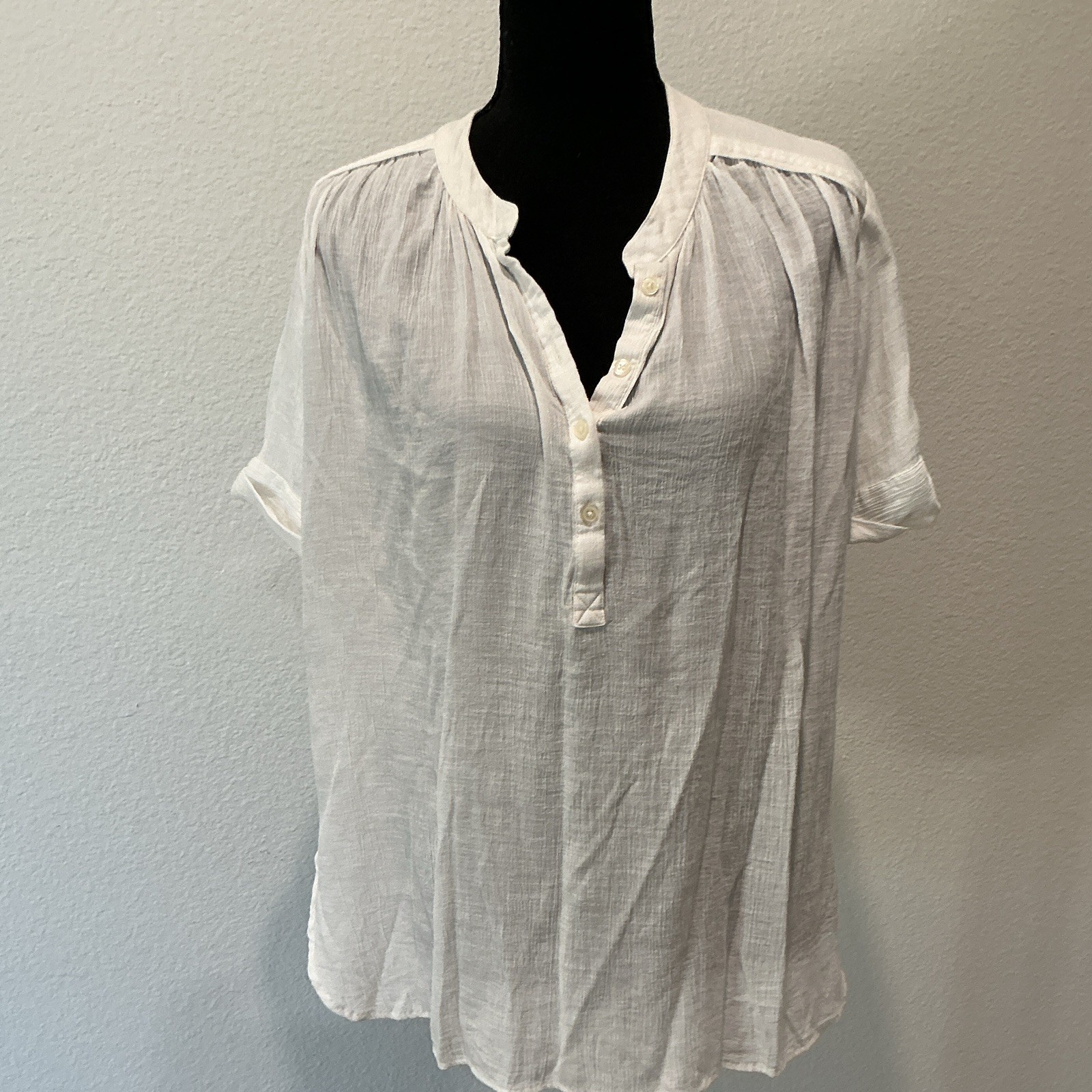 Maeve Womens XS White Viscose Blend Short Sleeve V-Neck Button Relaxed Blouse