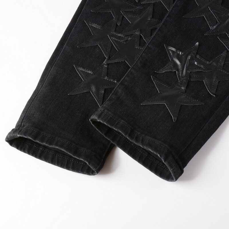 Men’s Ripped STAR PU Patchwork Grunge Skinny fit stretch Denim Washed jeans