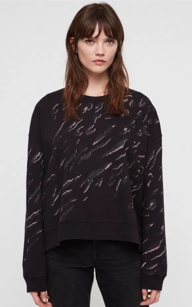 AllSaints Aslan Lo Animal Print Cotton Crewneck Sweatshirt Black Glitter Sz M