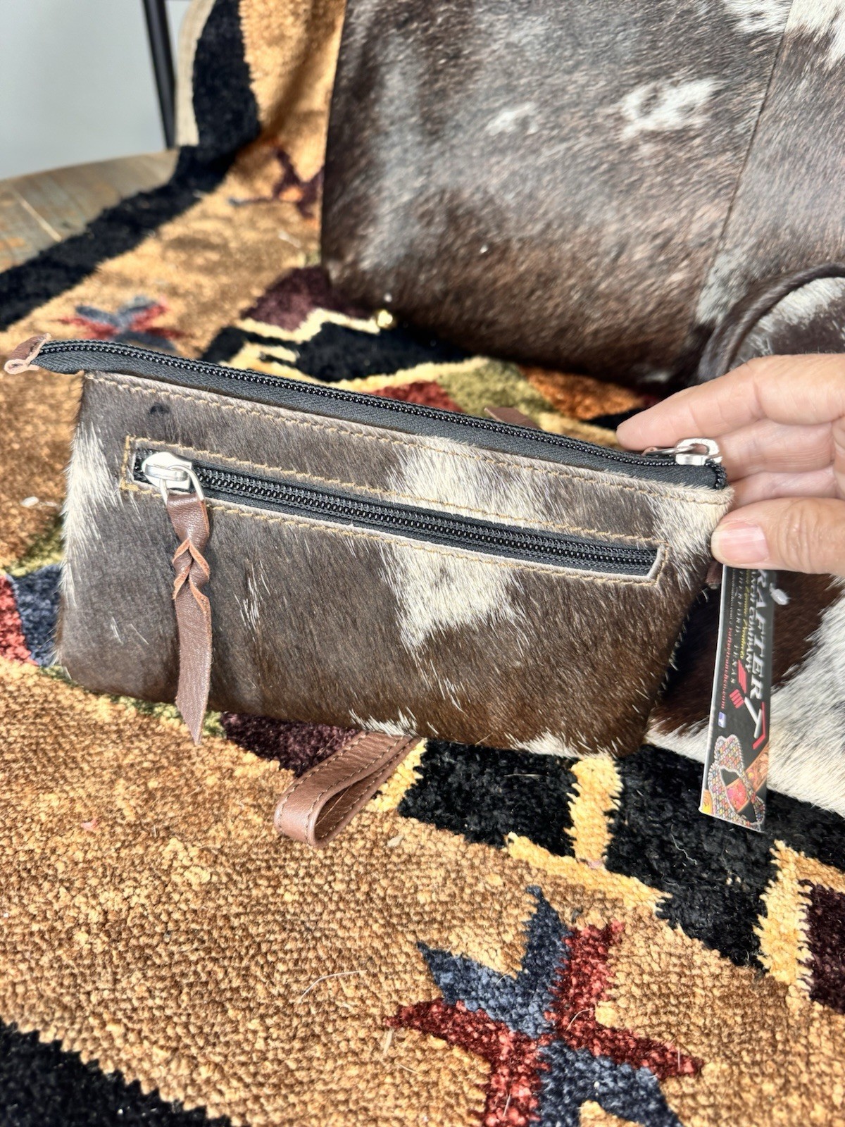Rafter T Ranch pouches & Western Brown/White Cowhide Zip Laptop Tote
