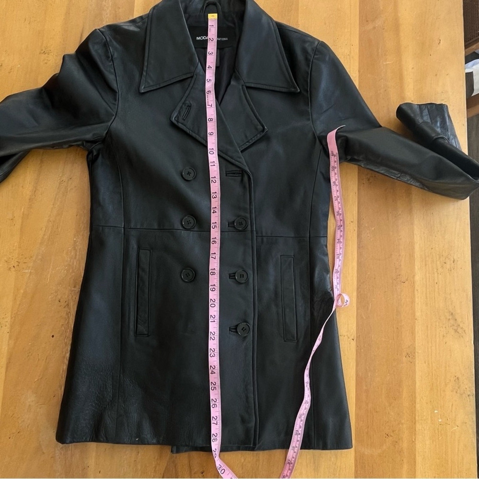 Y2k 90s Black Leather Jacket Trench Coat Double Breasted Shiny Sleek Extra Small