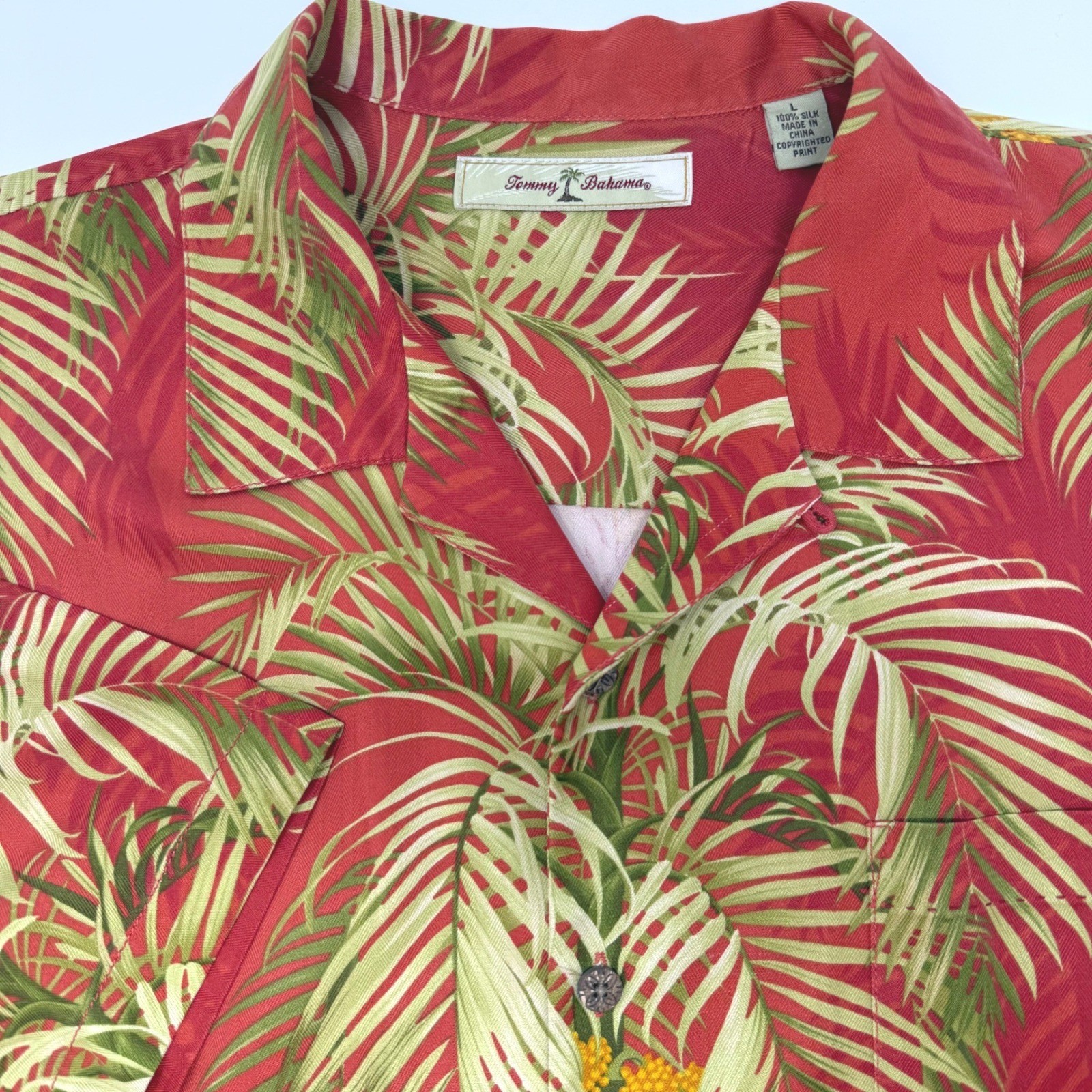Tommy Bahama Mens Large Silk Tropical Palm Leaf Camp Shirt Red Short Sleeve