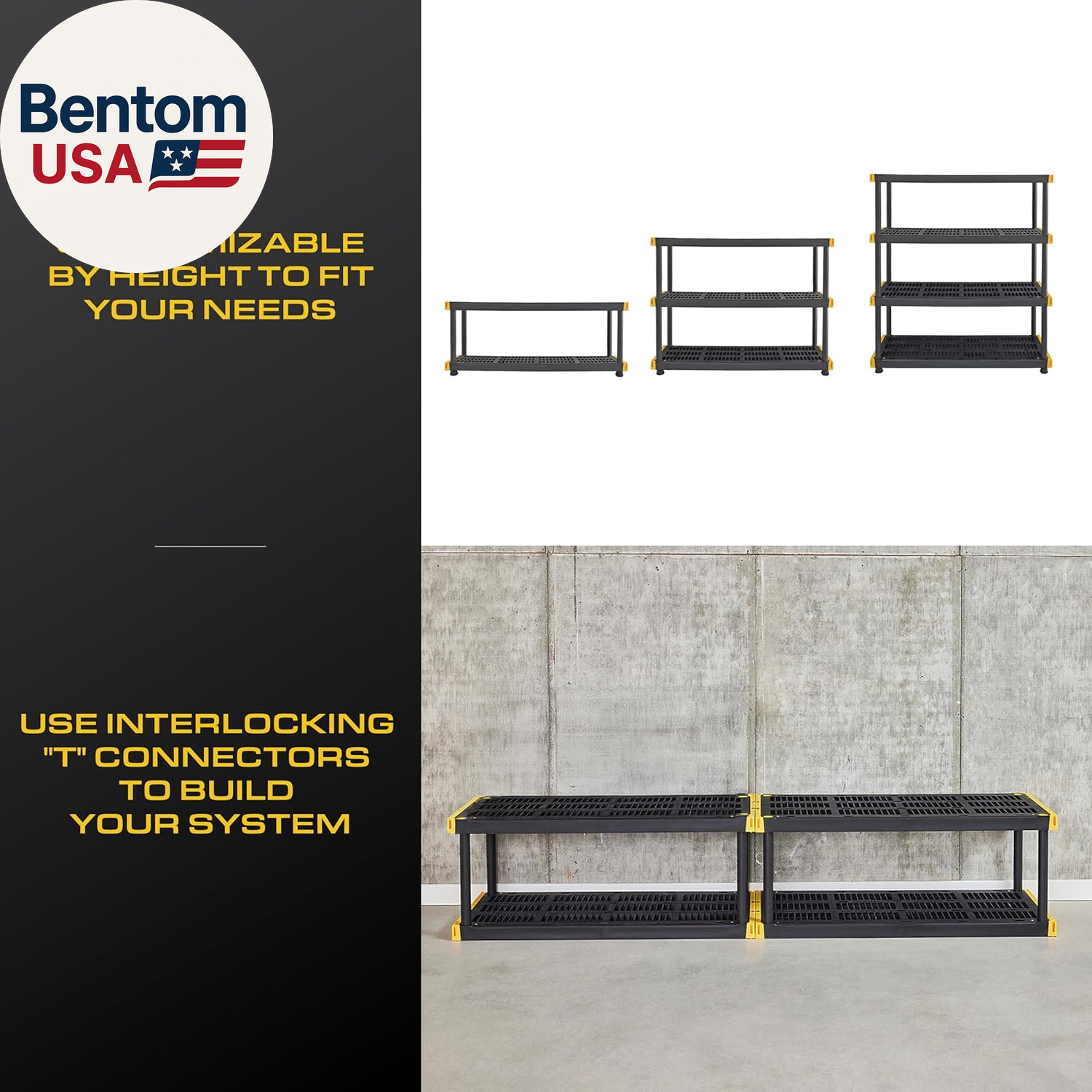 Black & Yellow, 4-Tier Heavy Duty Plastic Storage Shelves That Support up to 200
