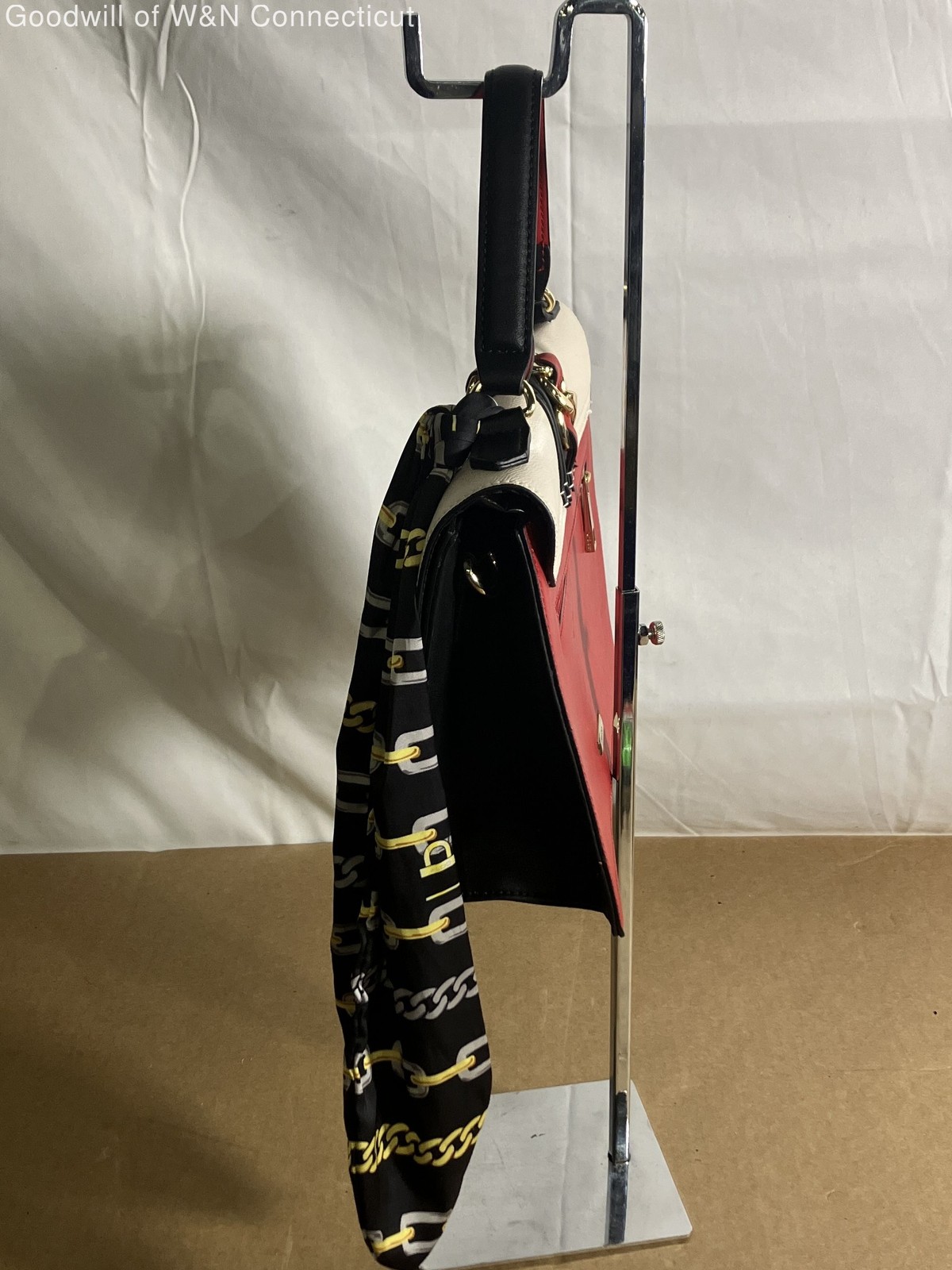 Aldo Black White Red Colorblock Structured Satchel Bag Scarf Gold Hardware